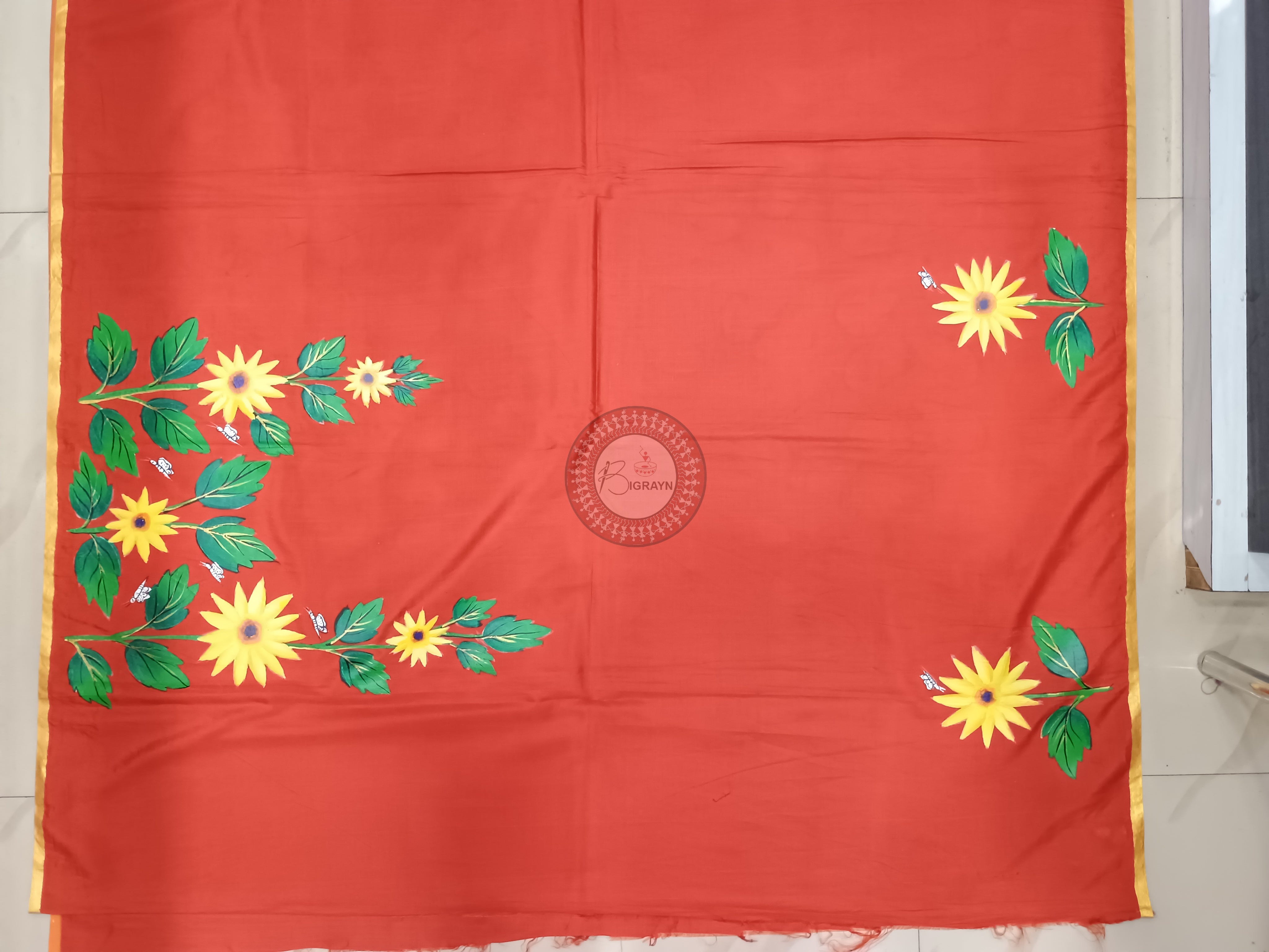 Red Sun Flower Theme Hand Painted Pattachitra Khadi Silk Saree