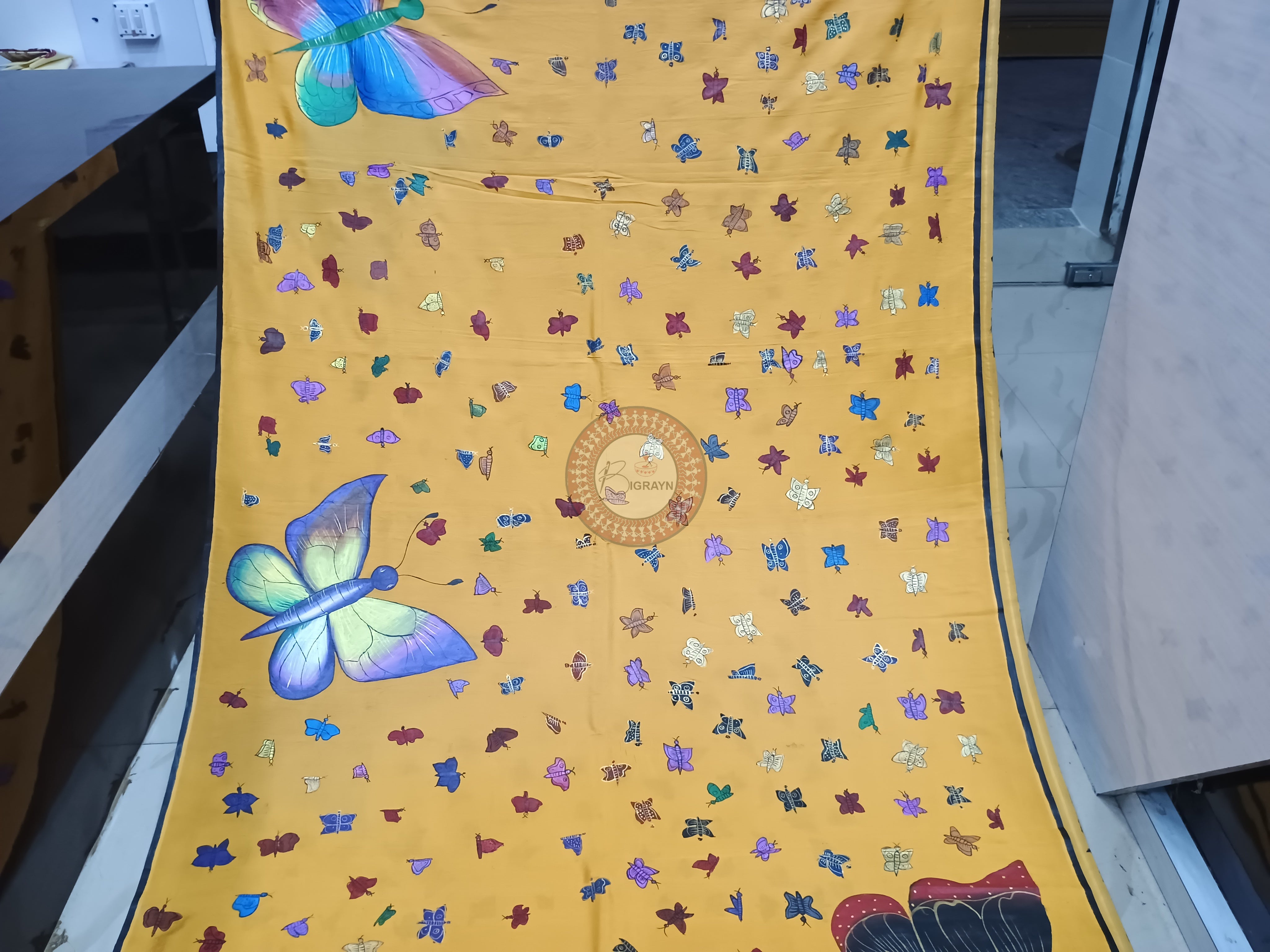 Yellow Butterfly Theme Hand Painted Pattachitra Khadi Silk Saree