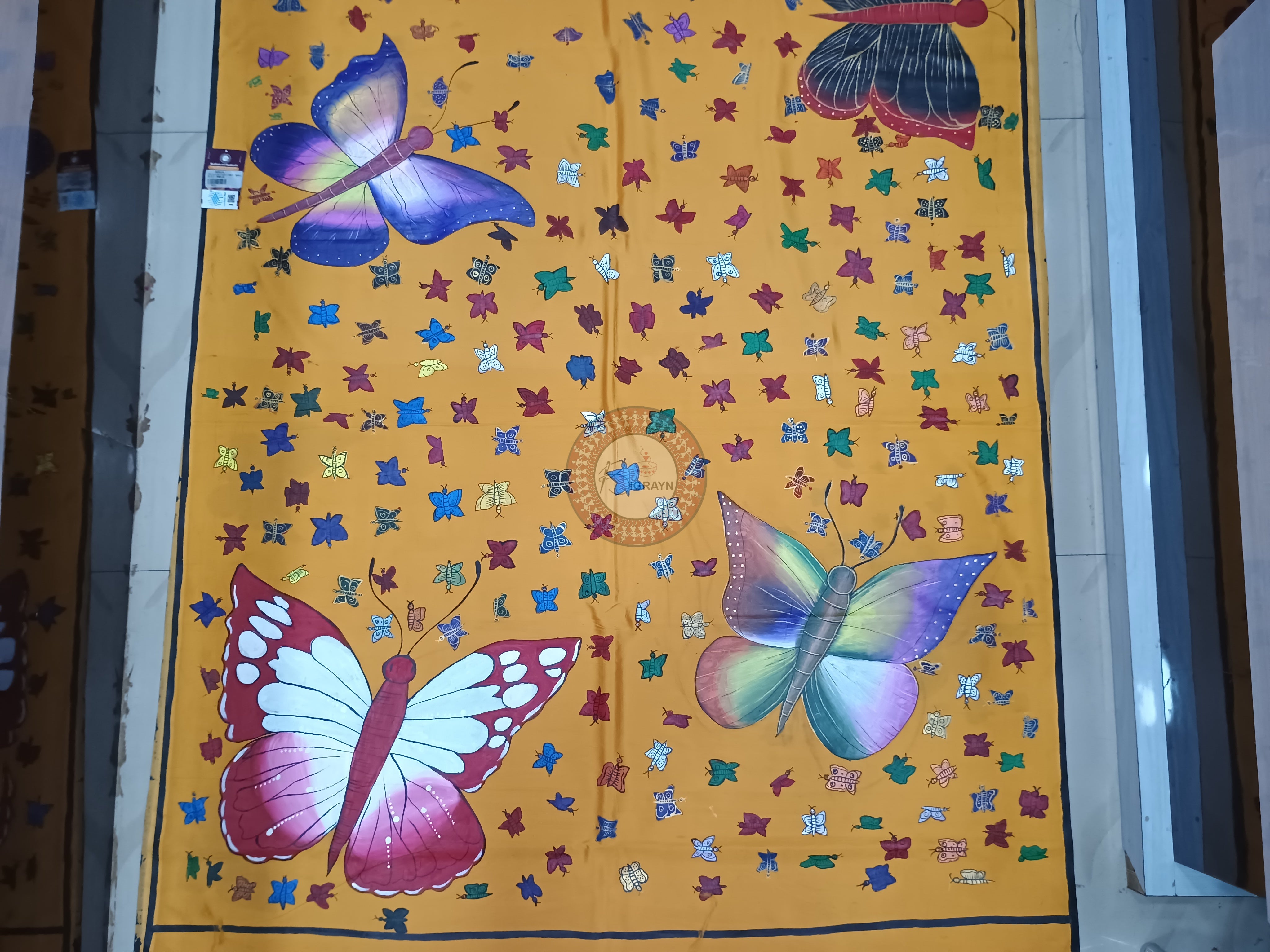 Yellow Butterfly Theme Hand Painted Pattachitra Khadi Silk Saree