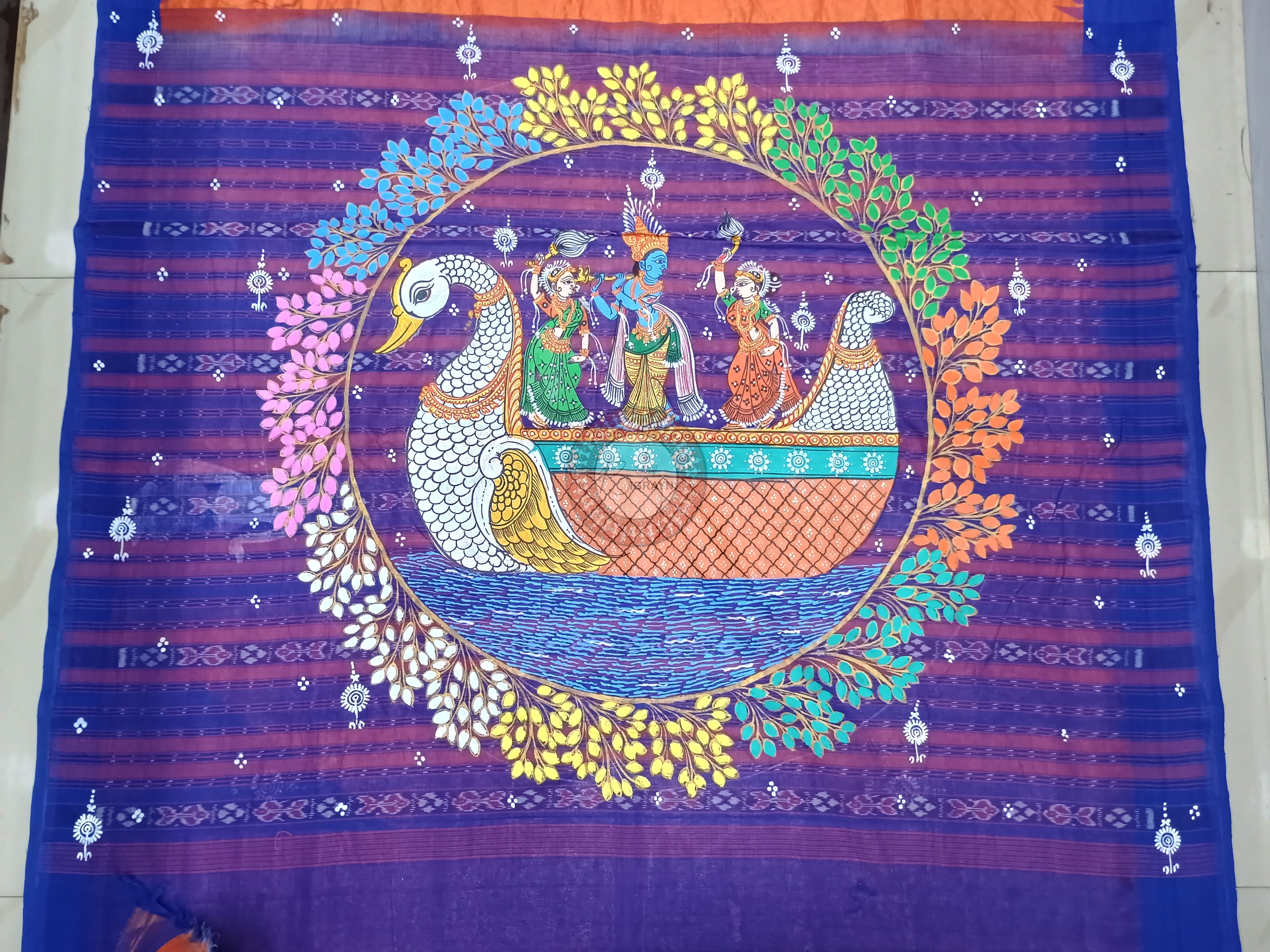 Orange Blue Nabakeli Boita Theme Pattachitra Cotton Tissue Silk Saree