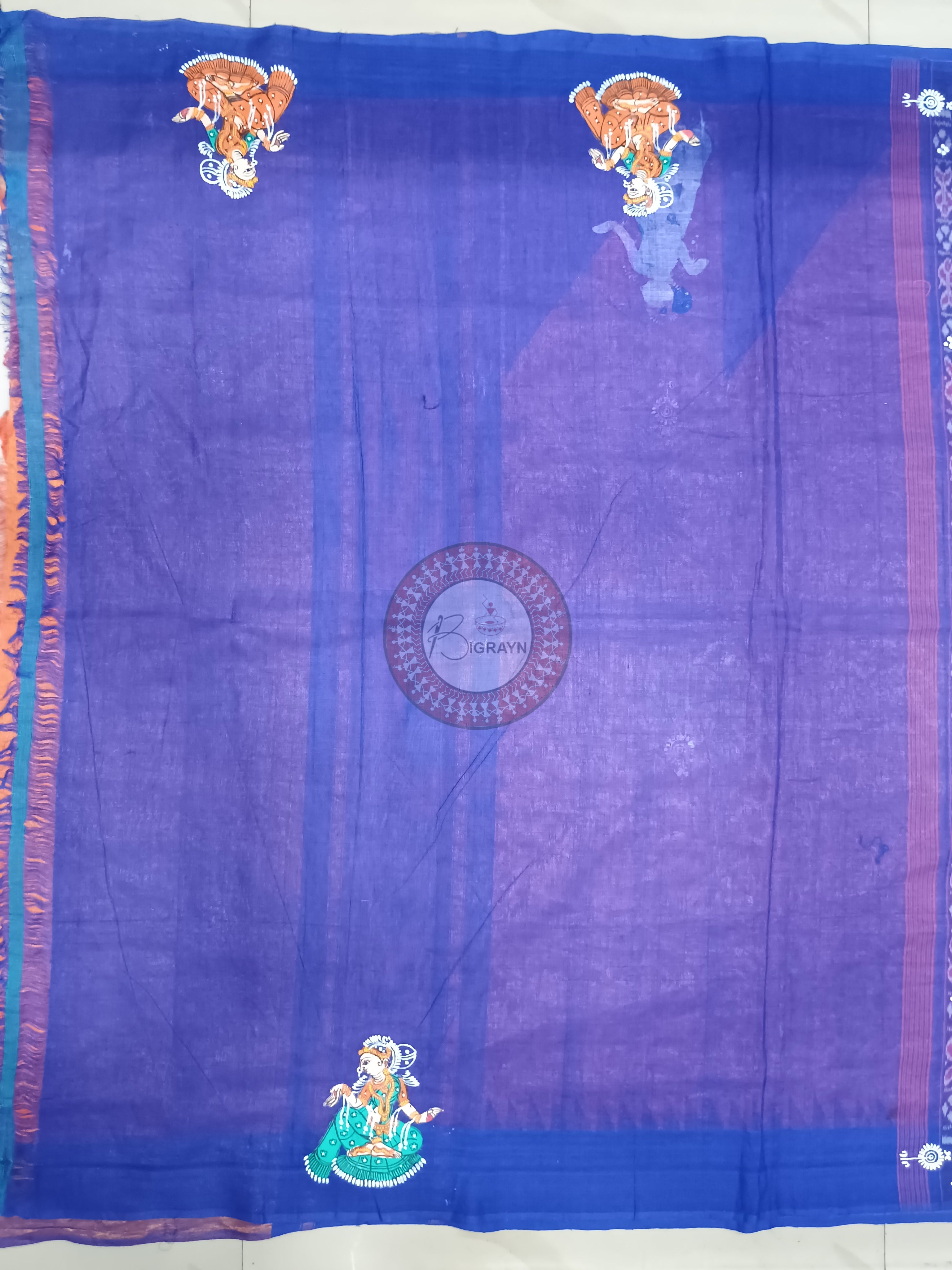 Orange Blue Nabakeli Boita Theme Pattachitra Cotton Tissue Silk Saree