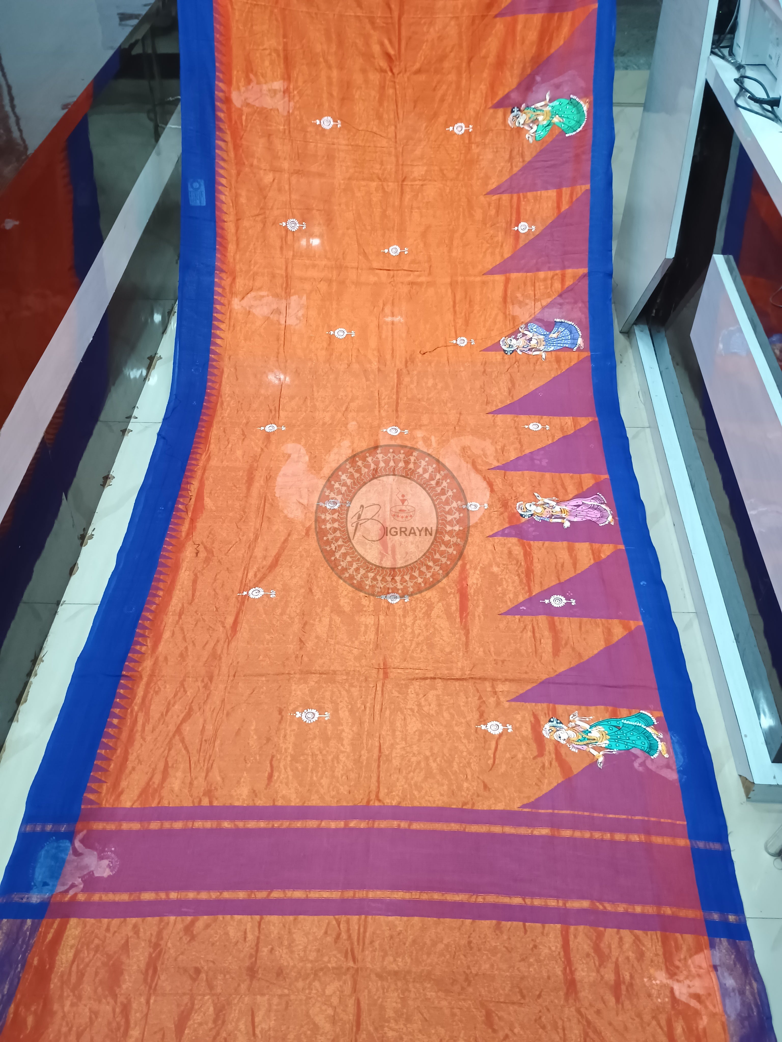 Orange Blue Nabakeli Boita Theme Pattachitra Cotton Tissue Silk Saree