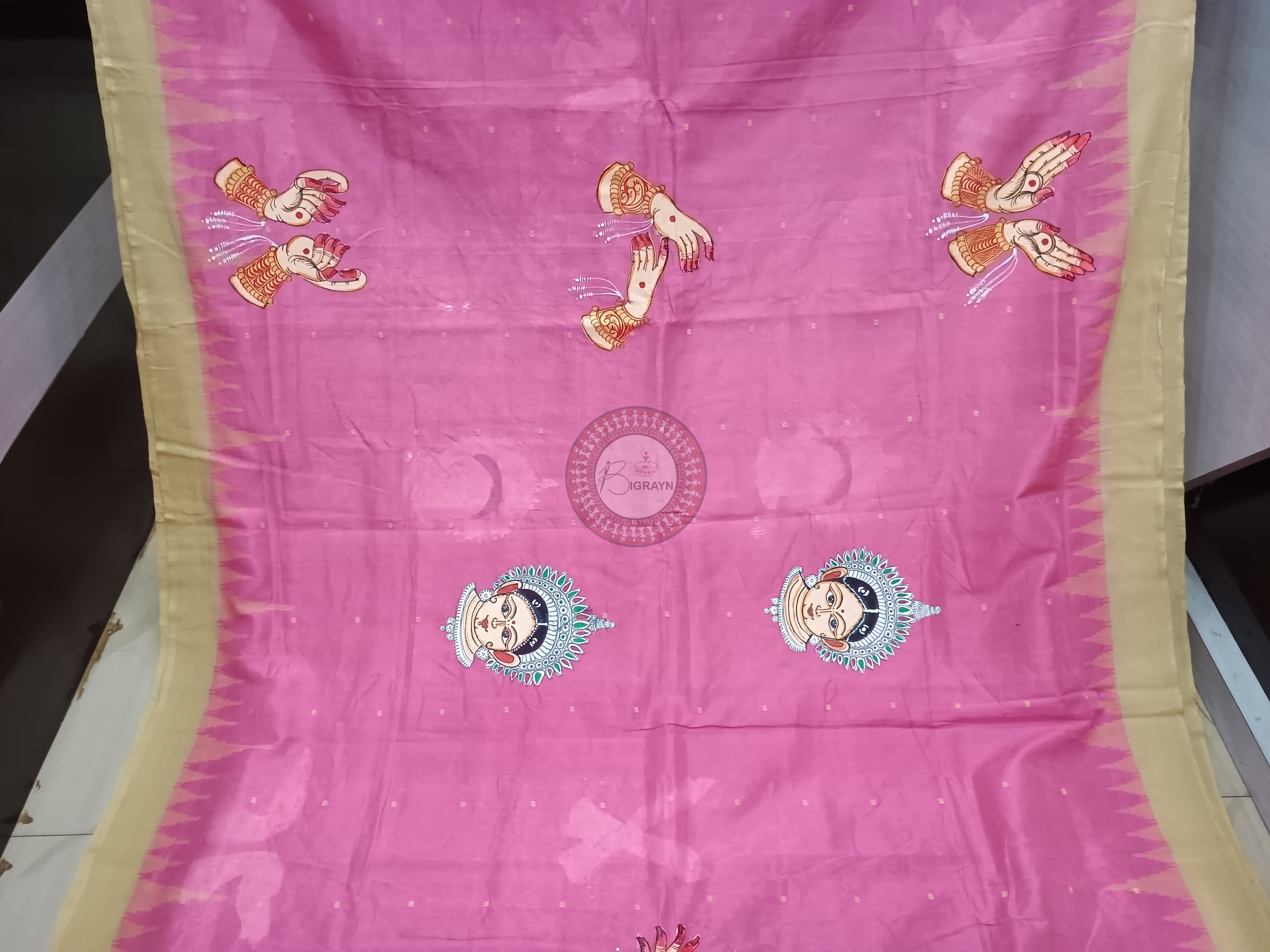 Pink Off White Odishi Mudra Face Theme Pattachitra Cotton Tissue Silk Saree