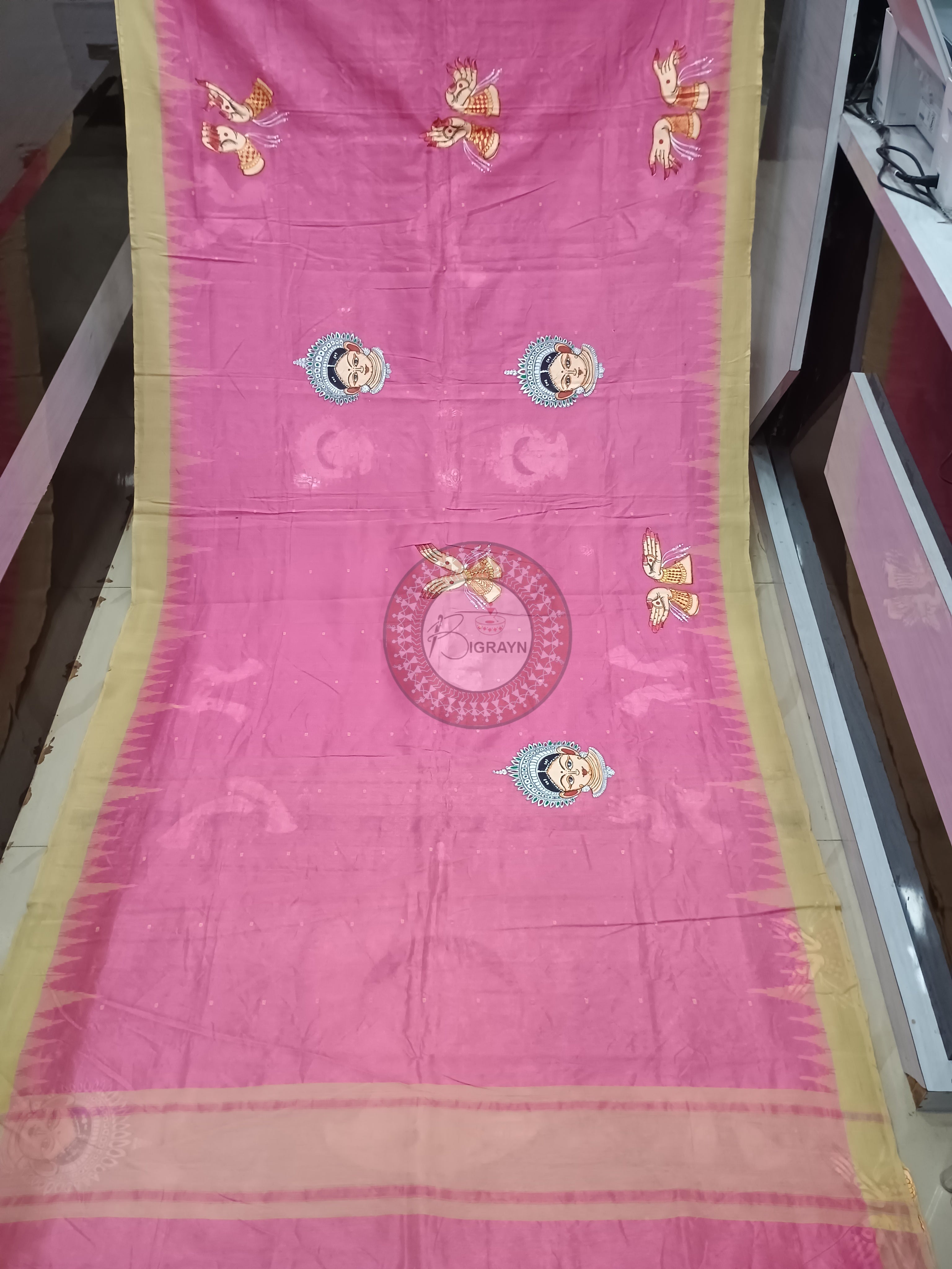 Pink Off White Odishi Mudra Face Theme Pattachitra Cotton Tissue Silk Saree