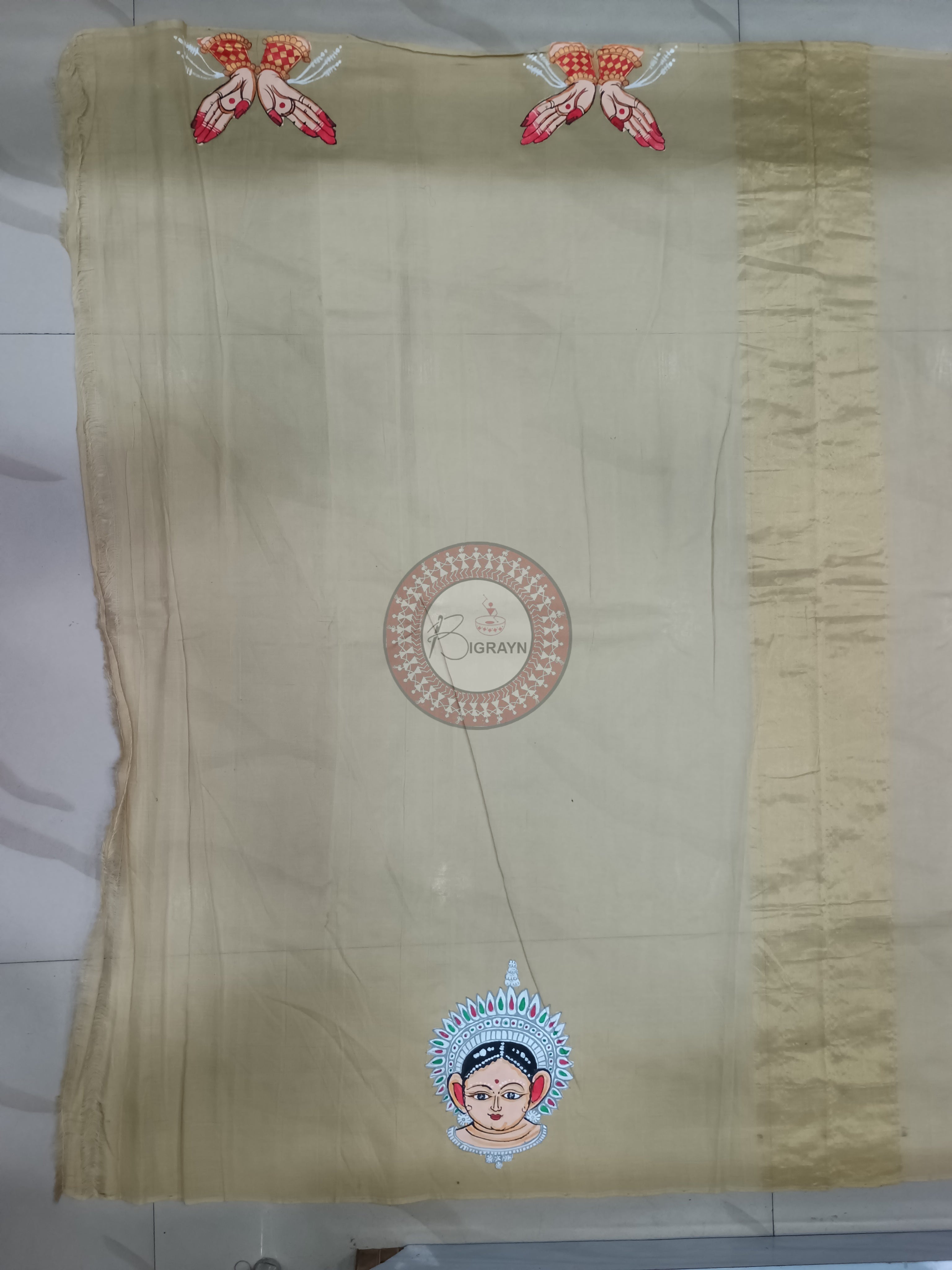 Pink Off White Odishi Mudra Face Theme Pattachitra Cotton Tissue Silk Saree