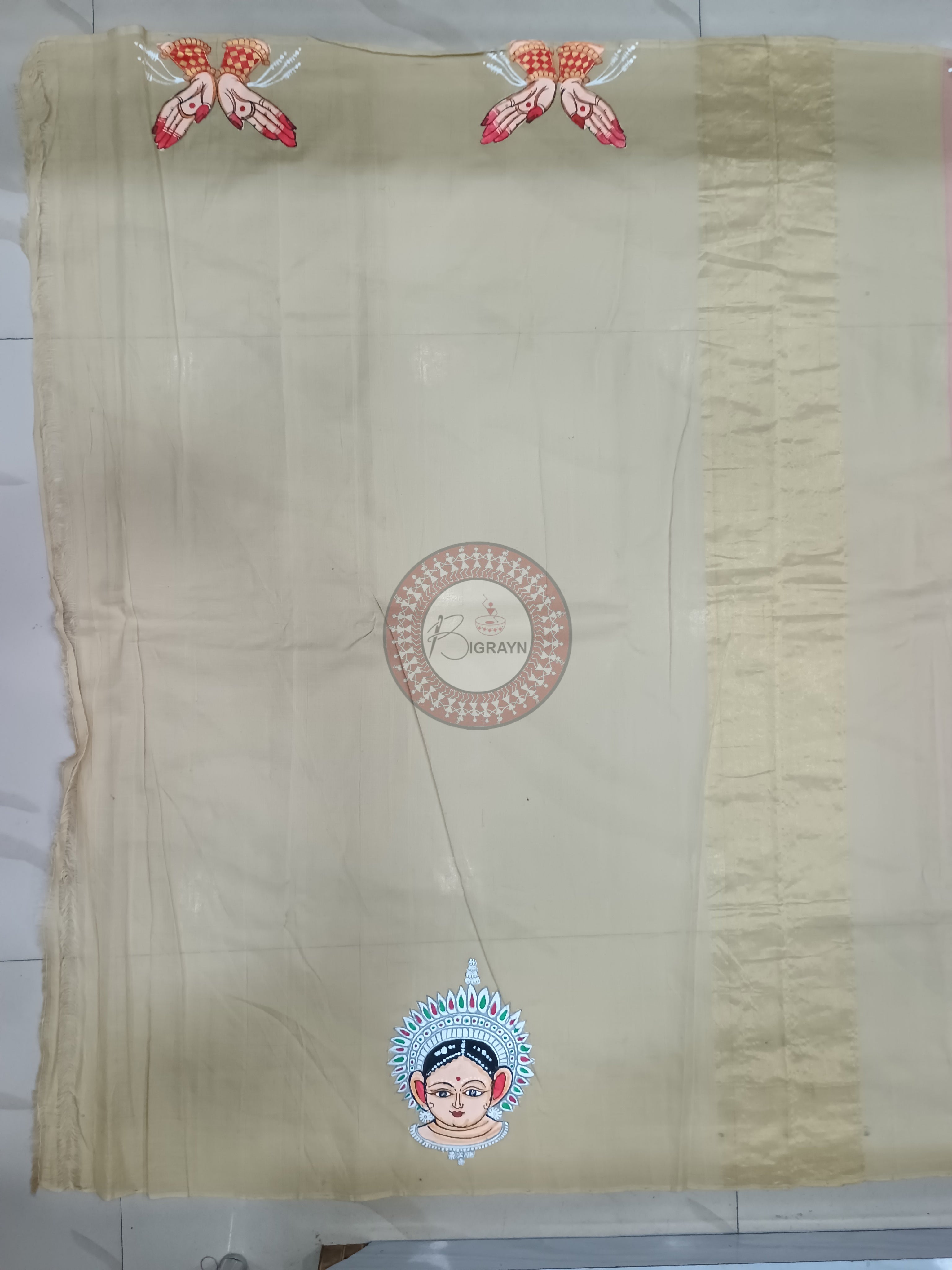 Pink Off White Odishi Mudra Face Theme Pattachitra Cotton Tissue Silk Saree