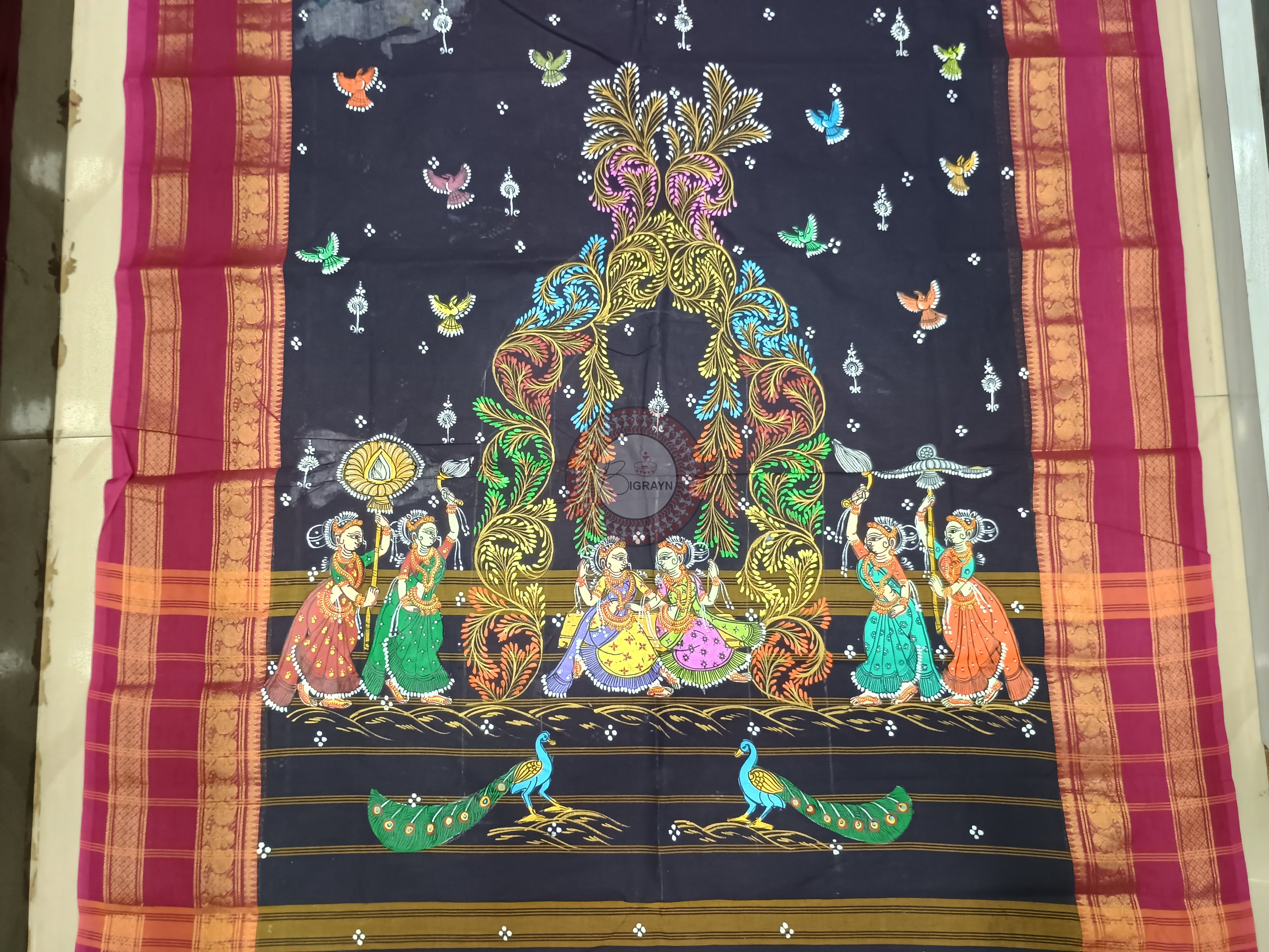 Black Magenta Raja Doli Theme Pattachitra South Cotton Saree