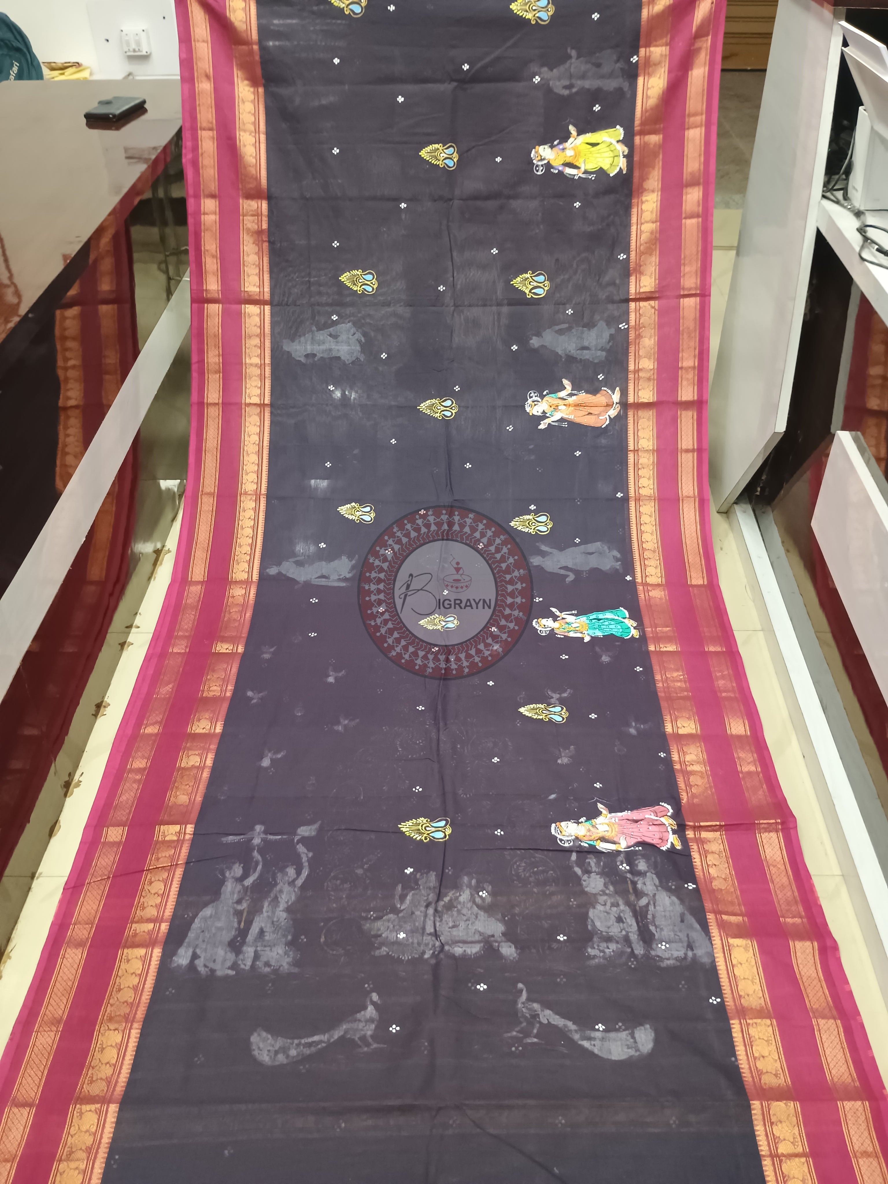Black Magenta Raja Doli Theme Pattachitra South Cotton Saree