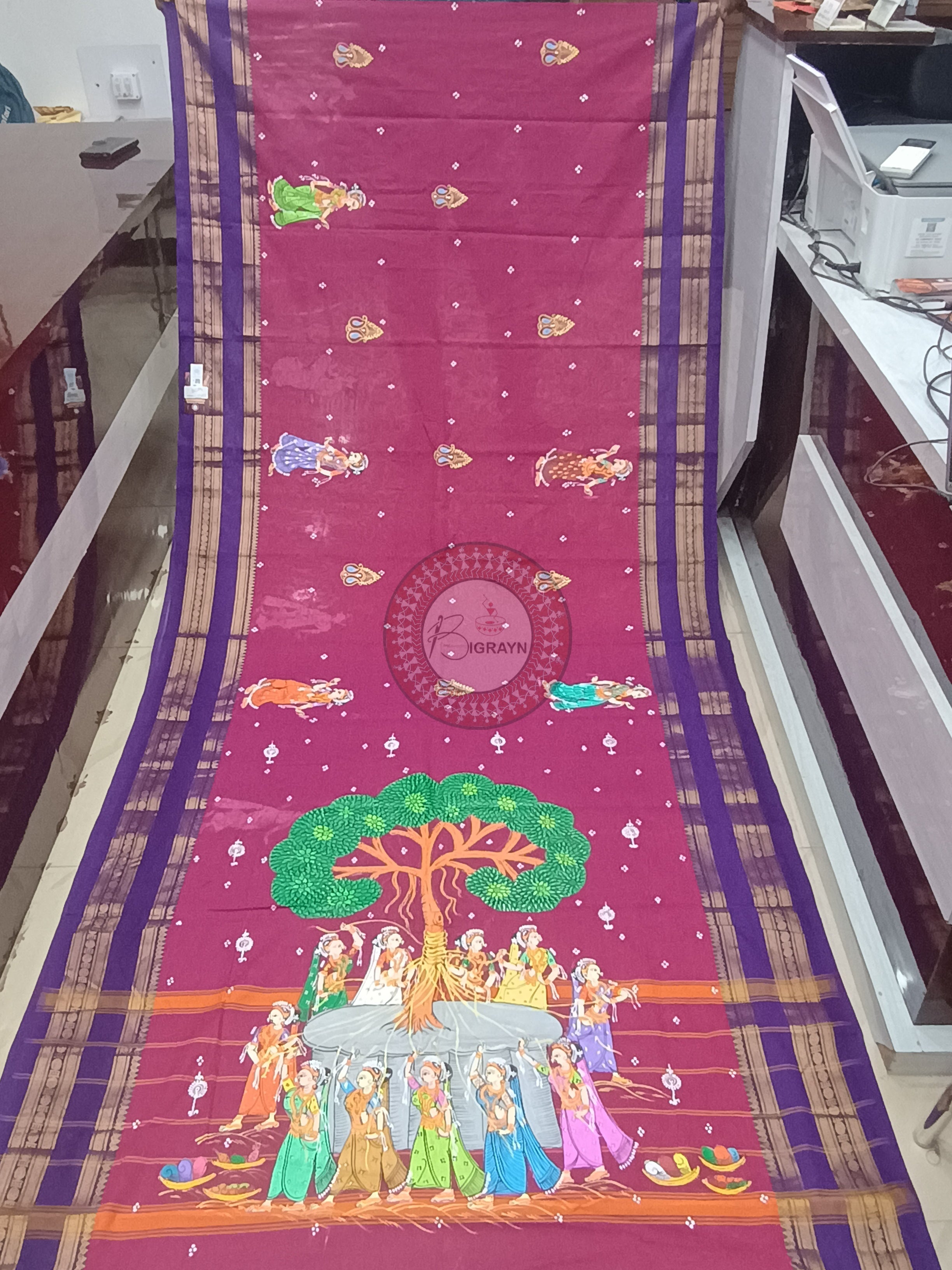 Magenta Blue Bata Sabitri Theme Pattachitra South Cotton Saree