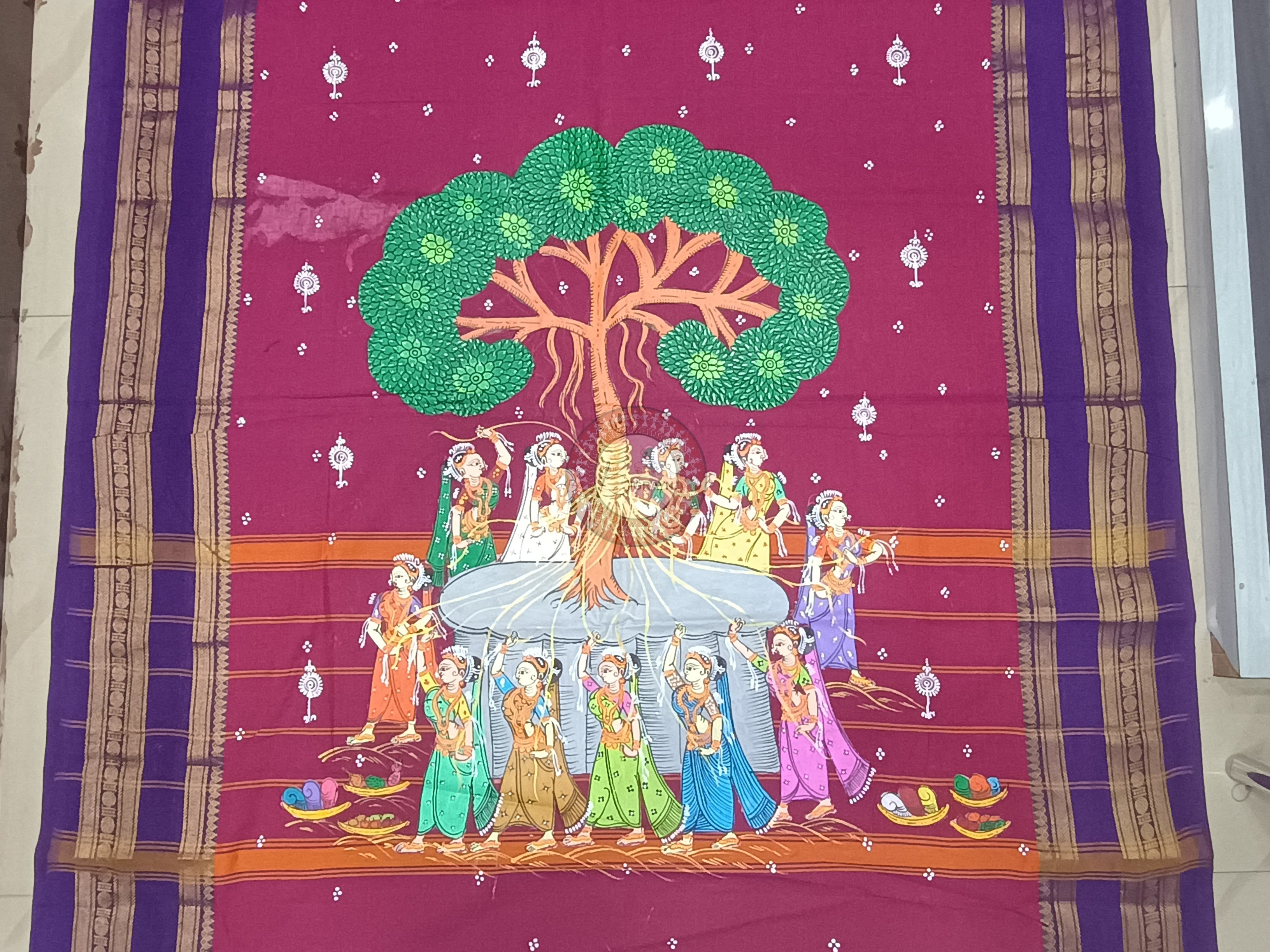 Magenta Blue Bata Sabitri Theme Pattachitra South Cotton Saree