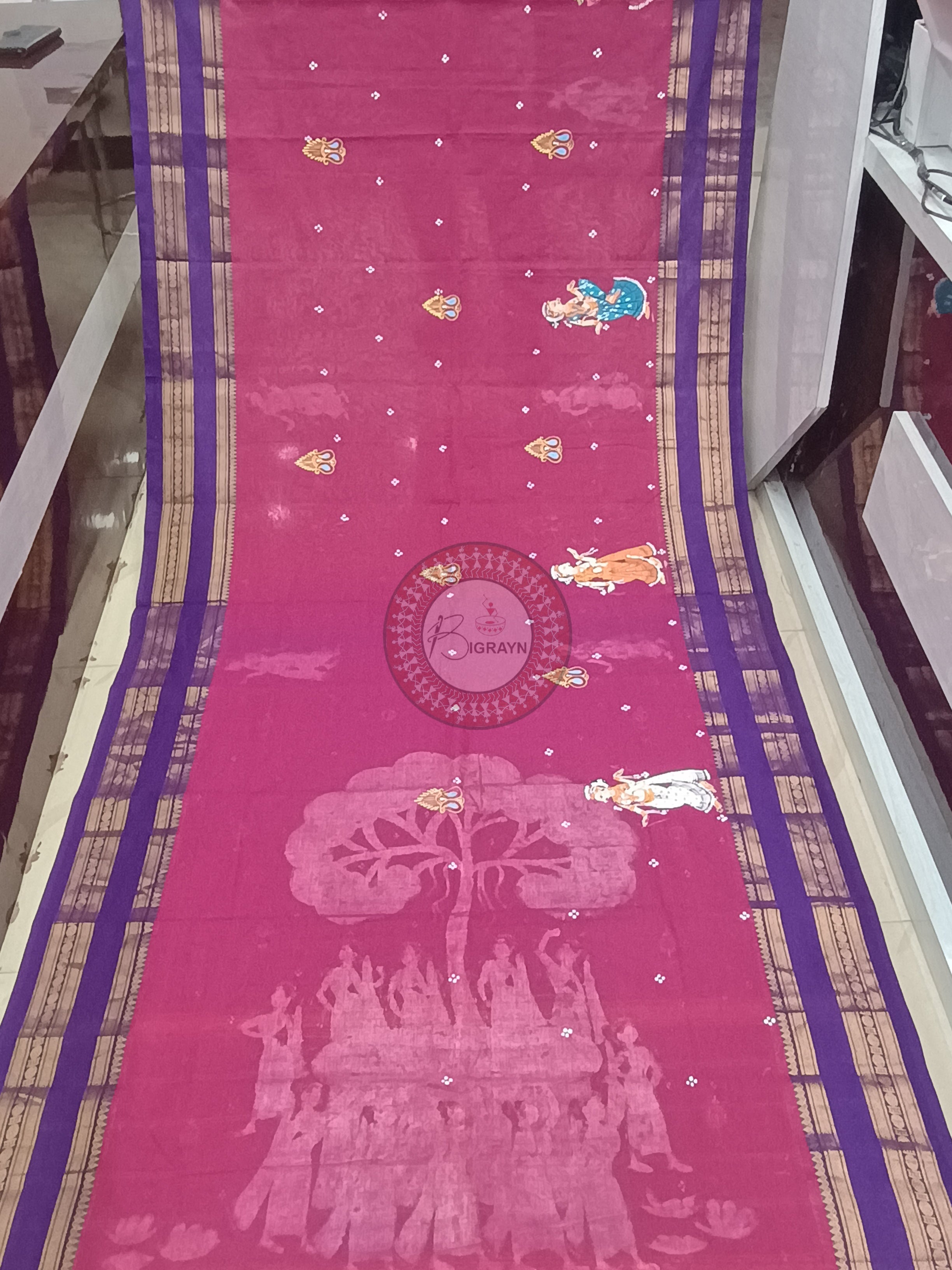 Magenta Blue Bata Sabitri Theme Pattachitra South Cotton Saree