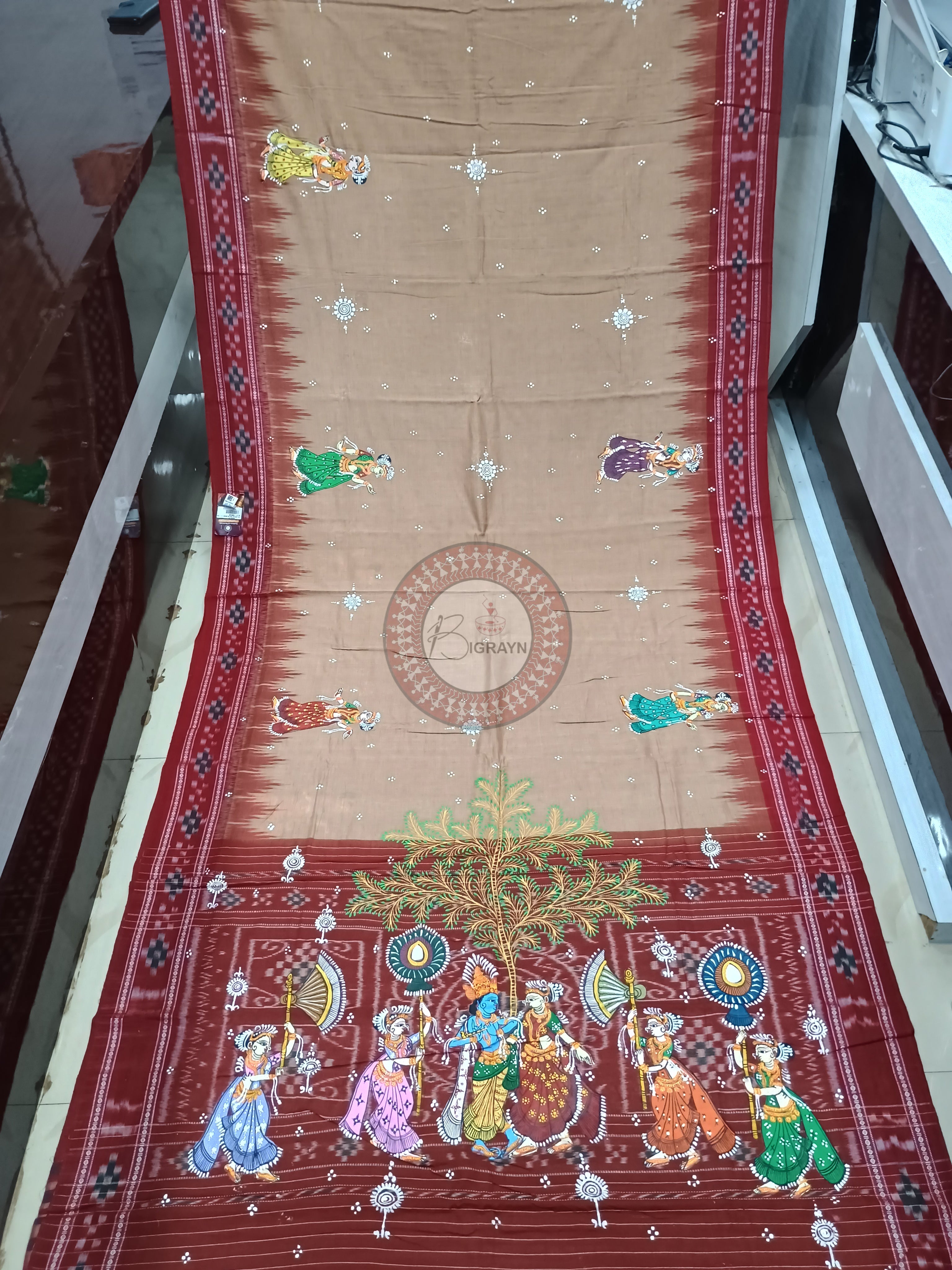 Matha Maroon Radha Krishna Rasa Theme Pattachitra Cotton Saree