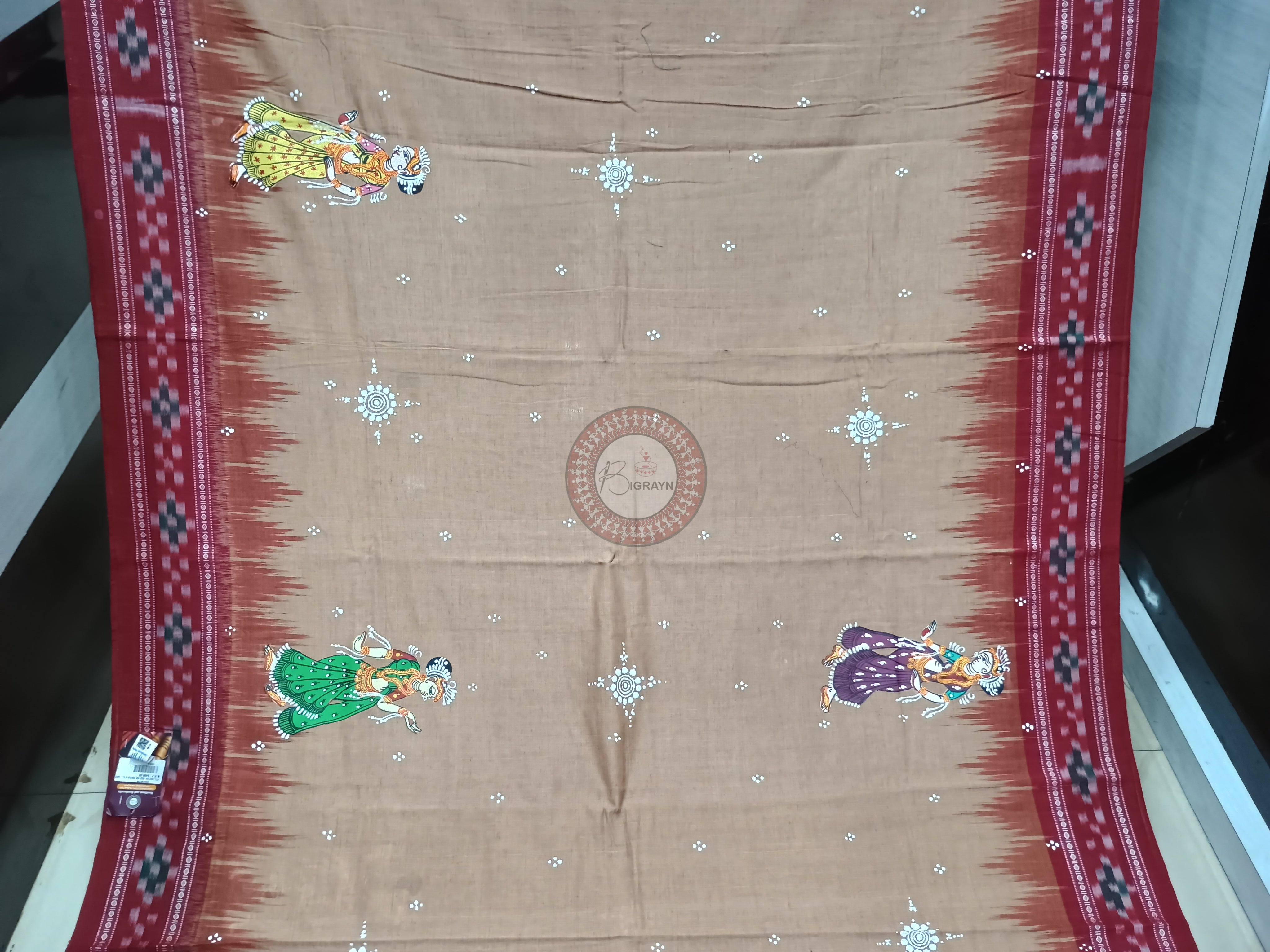 Matha Maroon Radha Krishna Rasa Theme Pattachitra Cotton Saree