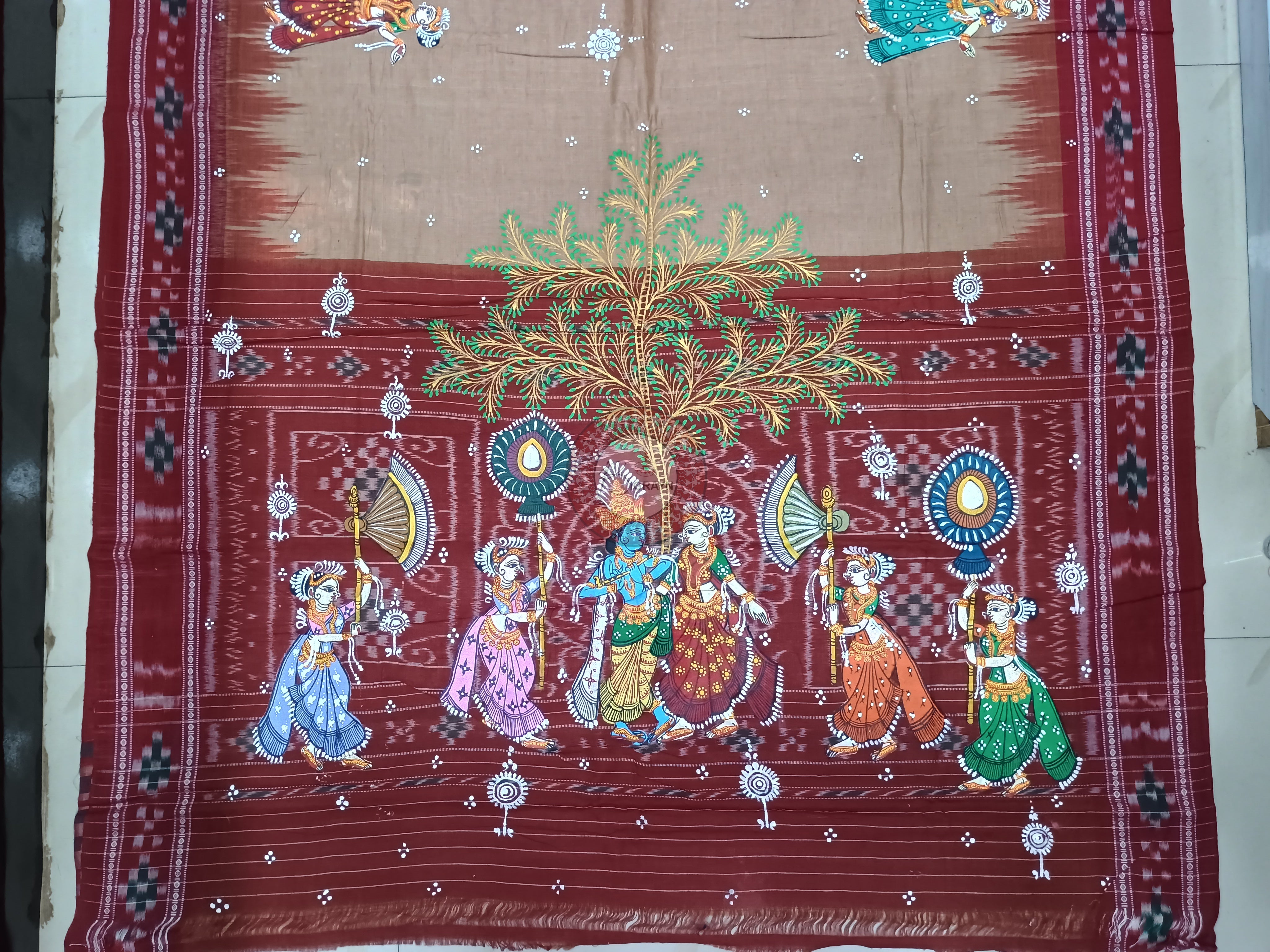 Matha Maroon Radha Krishna Rasa Theme Pattachitra Cotton Saree