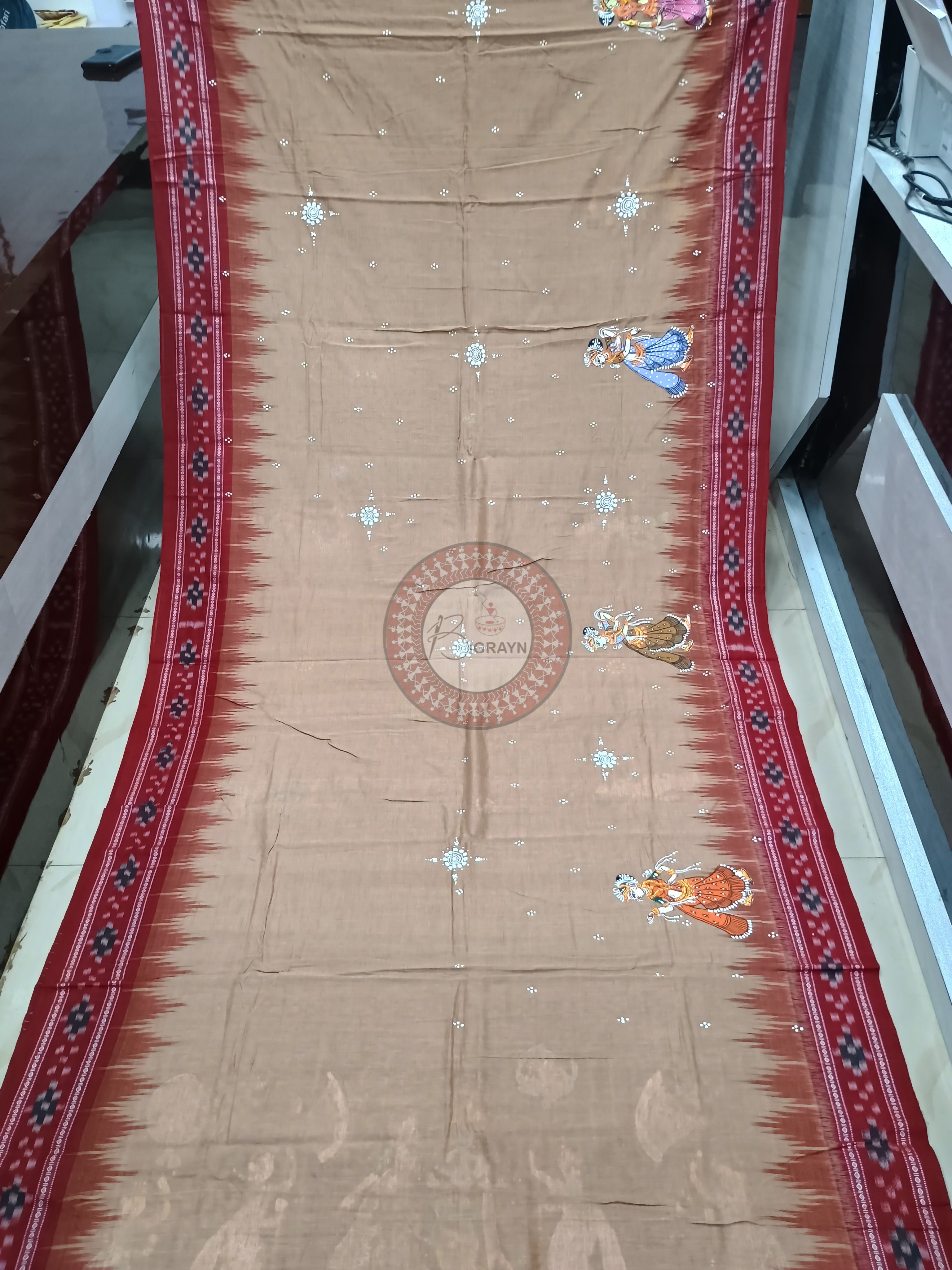 Matha Maroon Radha Krishna Rasa Theme Pattachitra Cotton Saree
