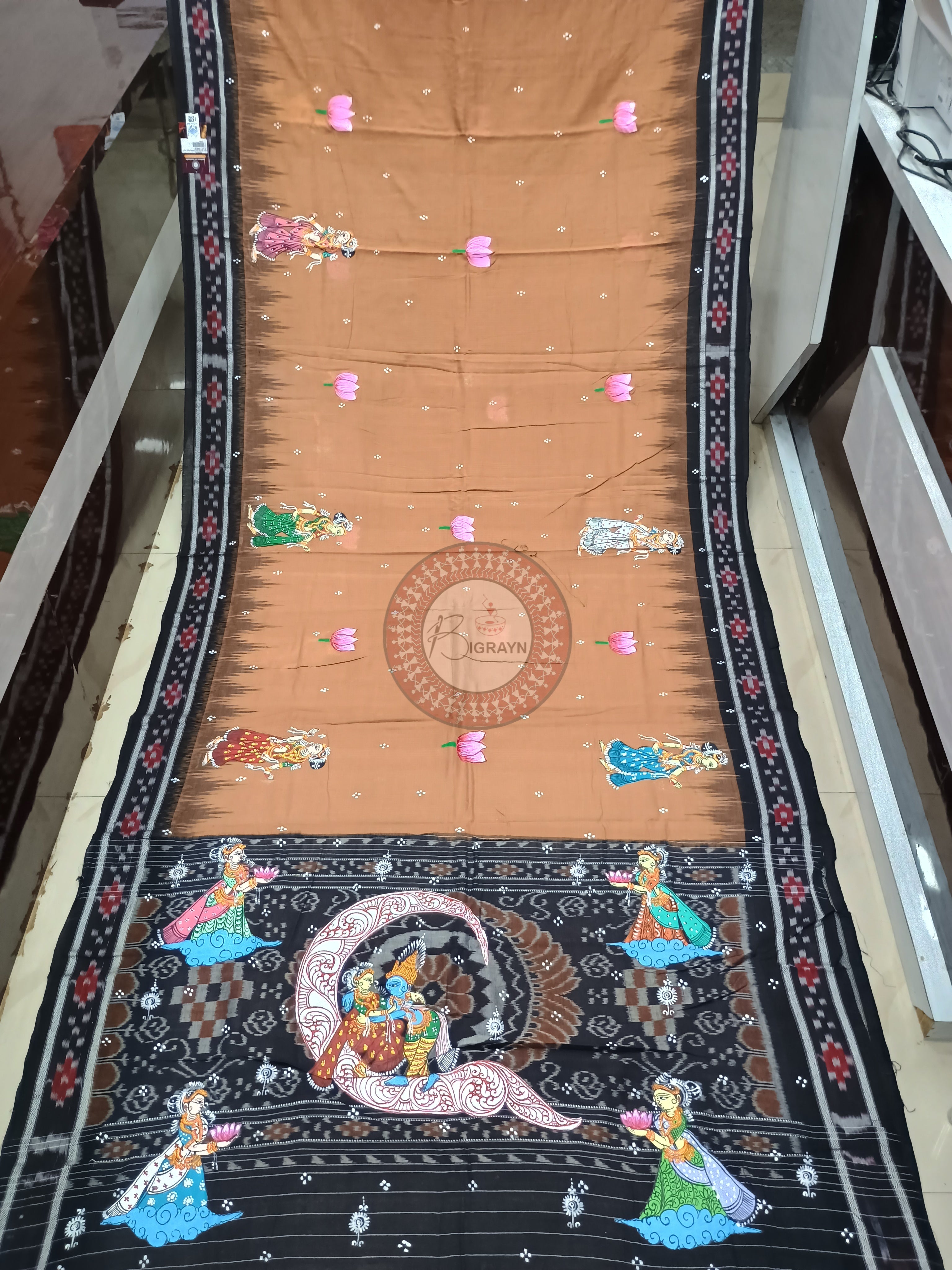 Brown Black Radha Krishna Chandra Rasa Theme Pattachitra Cotton Saree