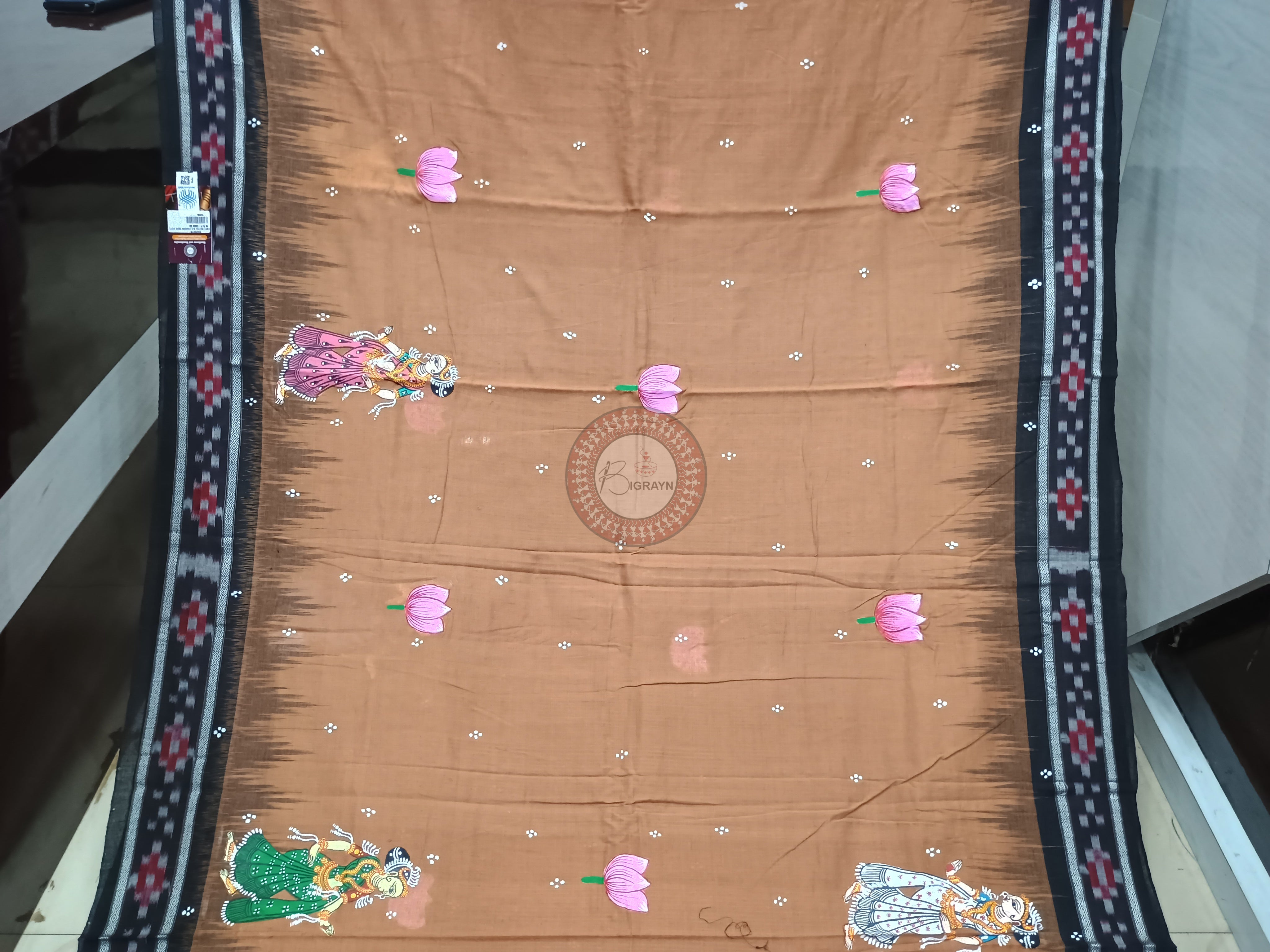 Brown Black Radha Krishna Chandra Rasa Theme Pattachitra Cotton Saree
