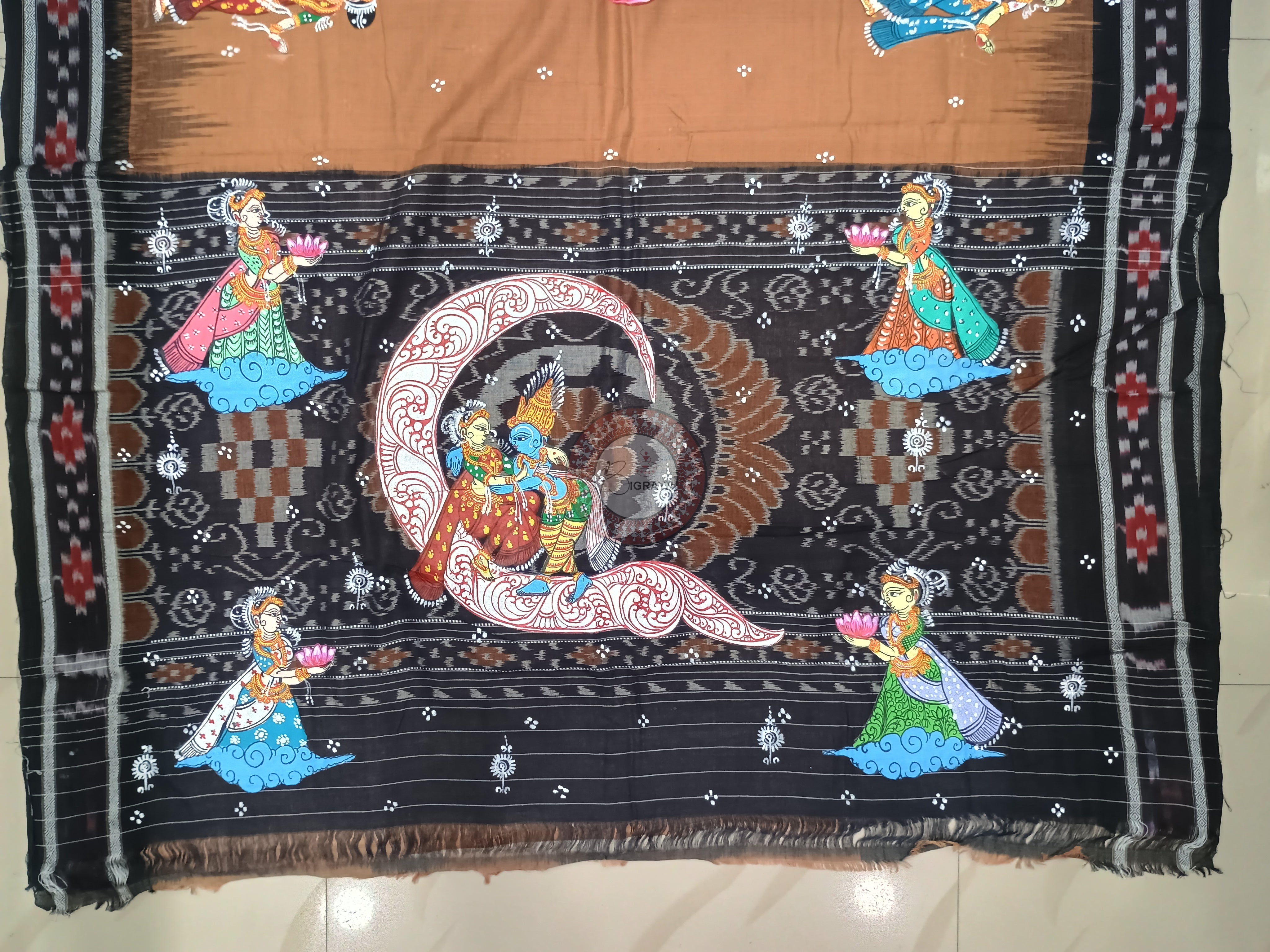 Brown Black Radha Krishna Chandra Rasa Theme Pattachitra Cotton Saree
