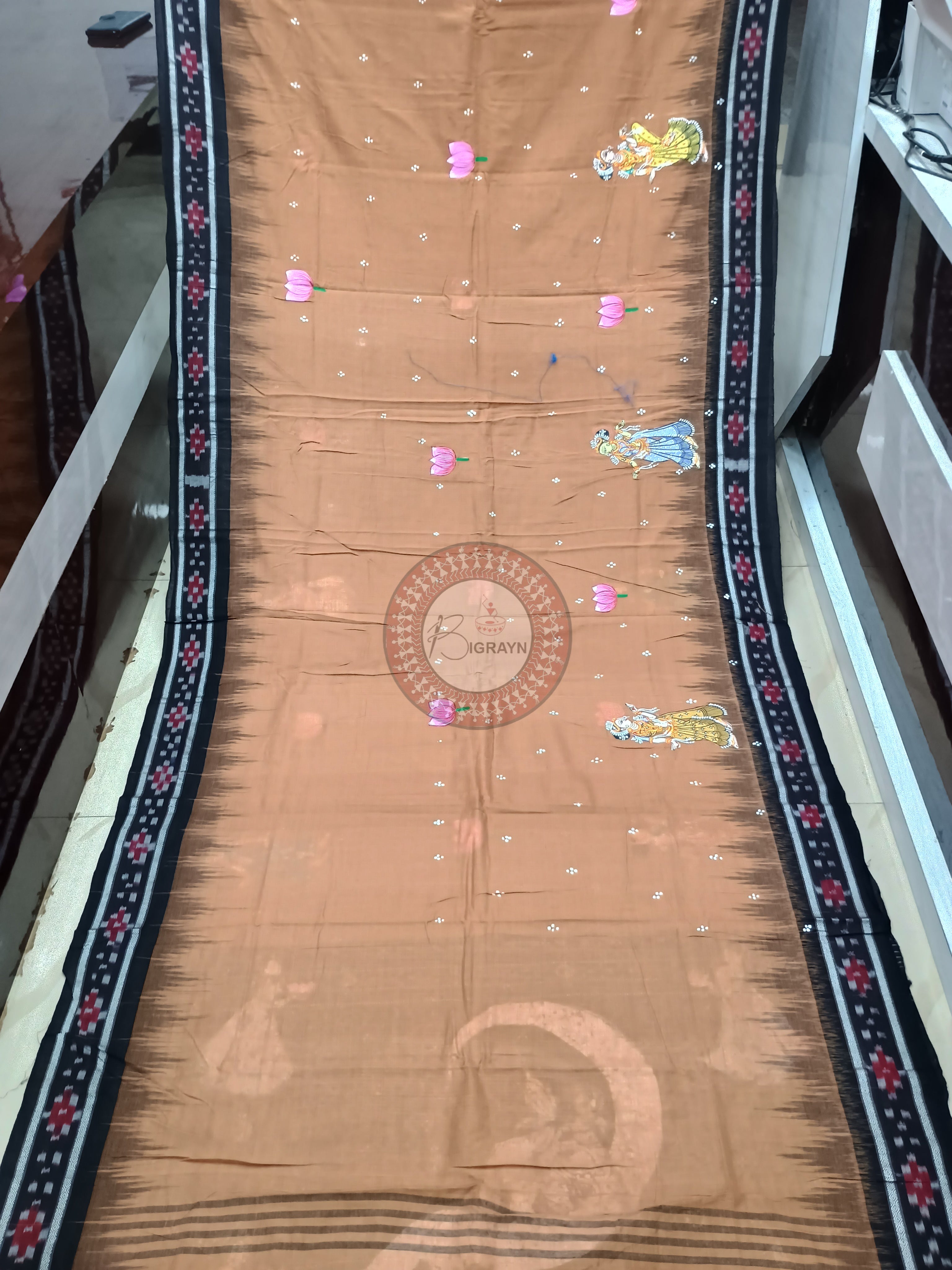 Brown Black Radha Krishna Chandra Rasa Theme Pattachitra Cotton Saree