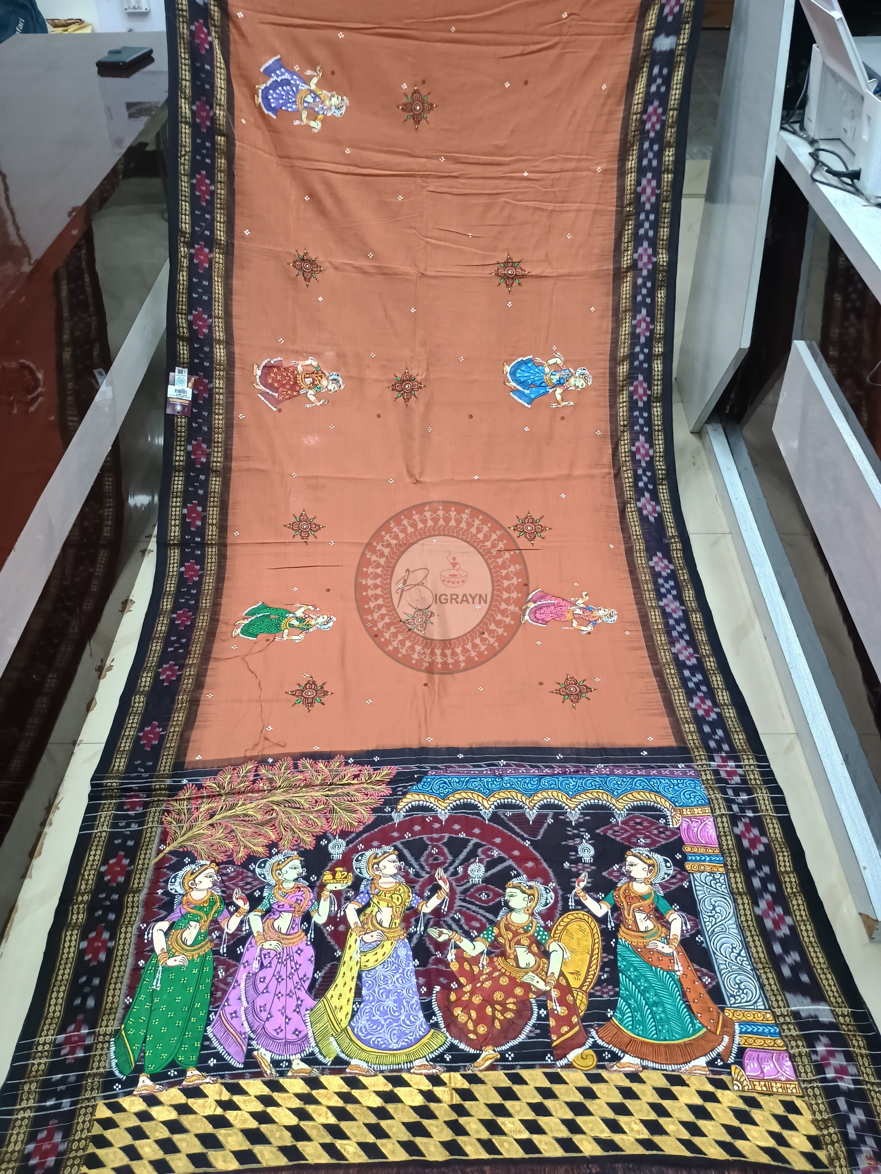 Brown Black Rasa Theme Pattachitra Cotton Saree