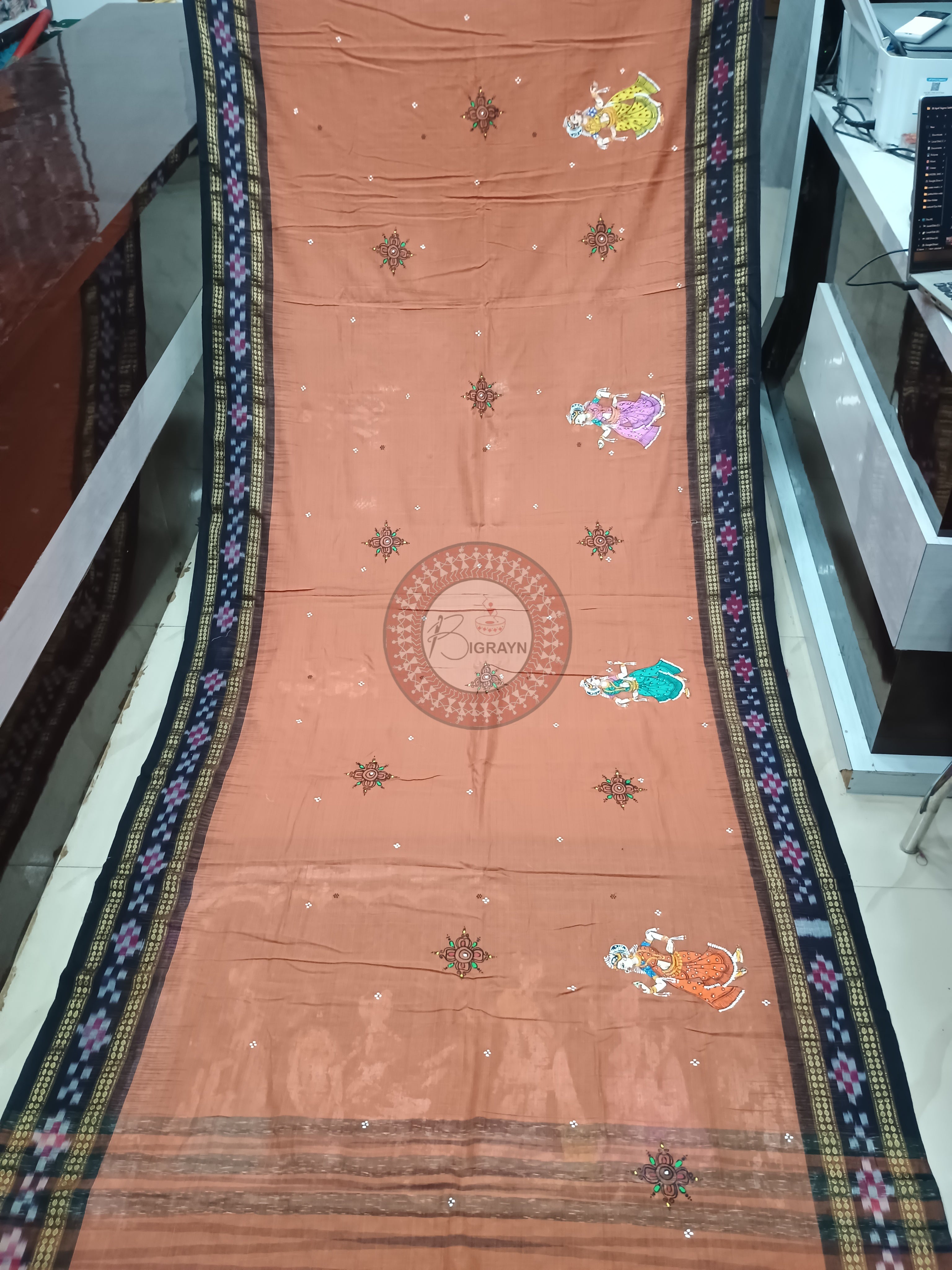 Brown Black Rasa Theme Pattachitra Cotton Saree