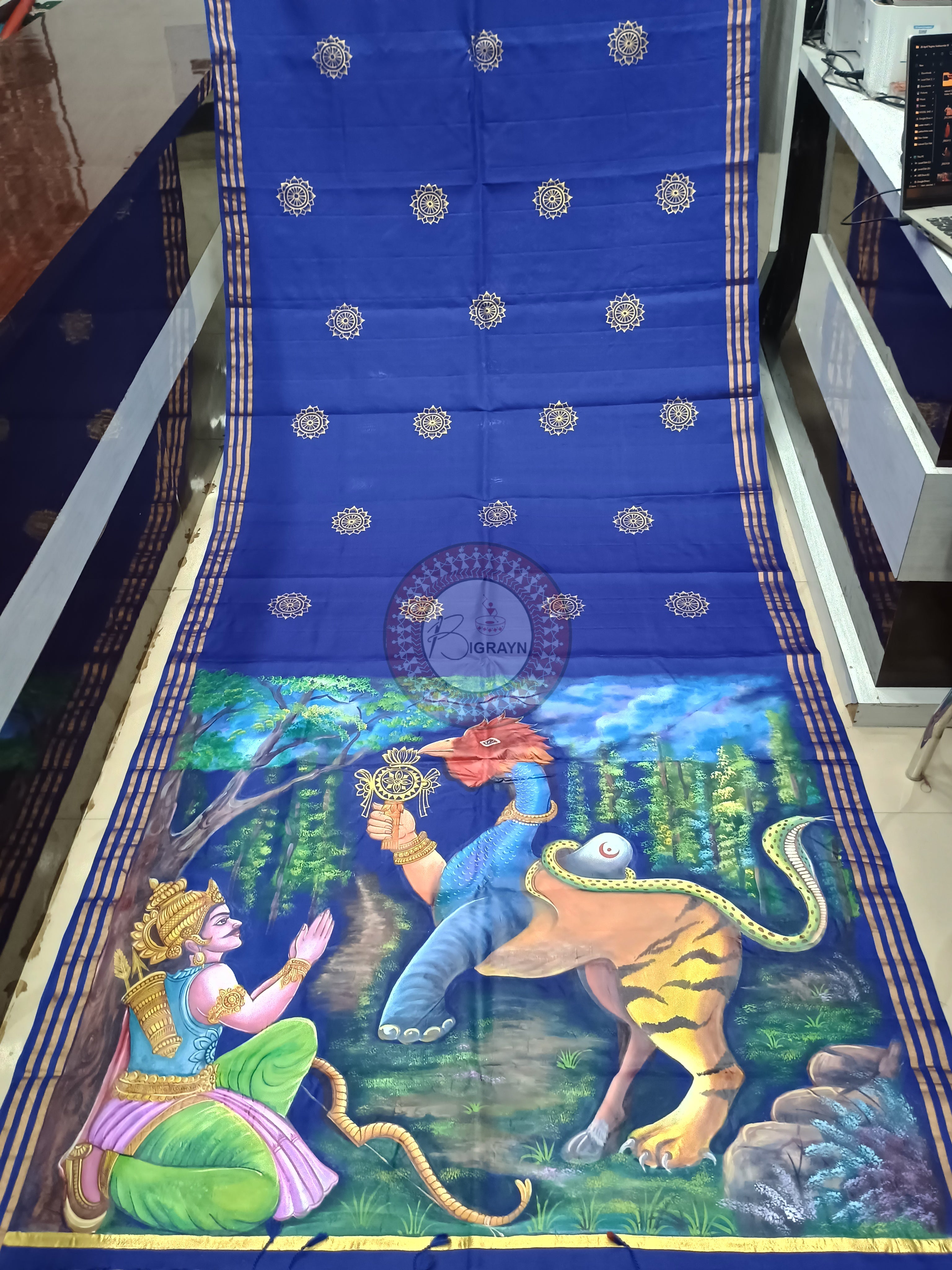 Blue NabagunjaraTheme Pattachitra Kanjeeveram Silk Saree