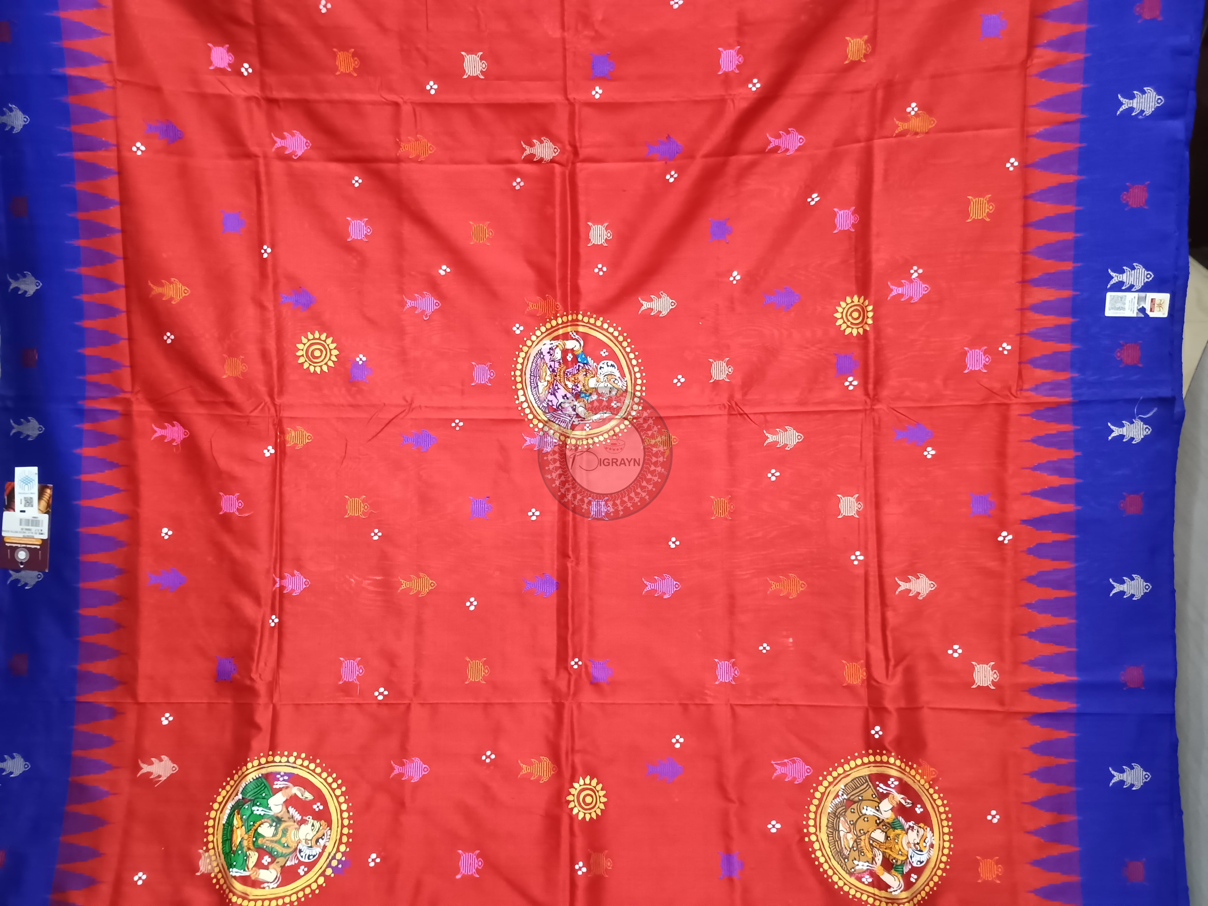 Red Blue Mastya Kachhap With Radha Krishna Rasa Theme Pattachitra Sambalpuri Silk Saree