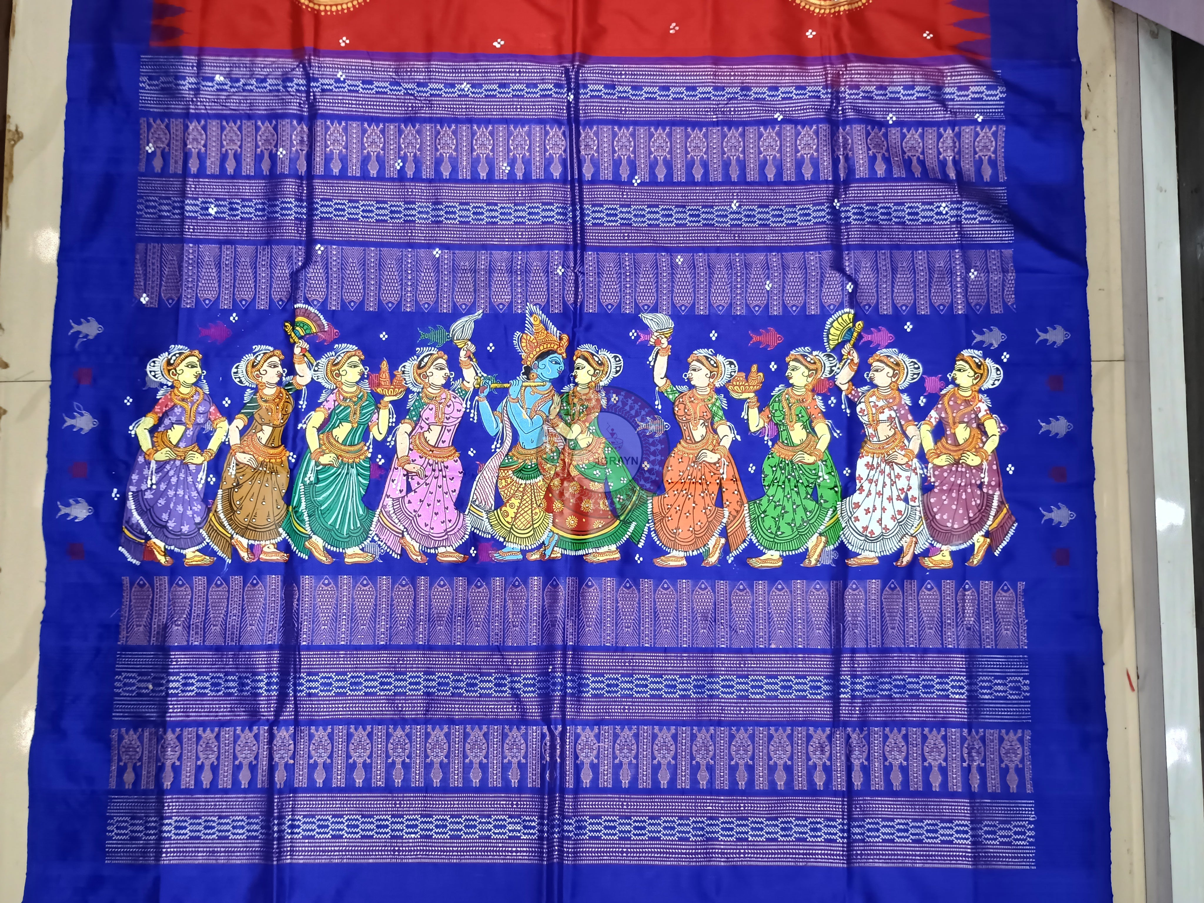 Red Blue Mastya Kachhap With Radha Krishna Rasa Theme Pattachitra Sambalpuri Silk Saree