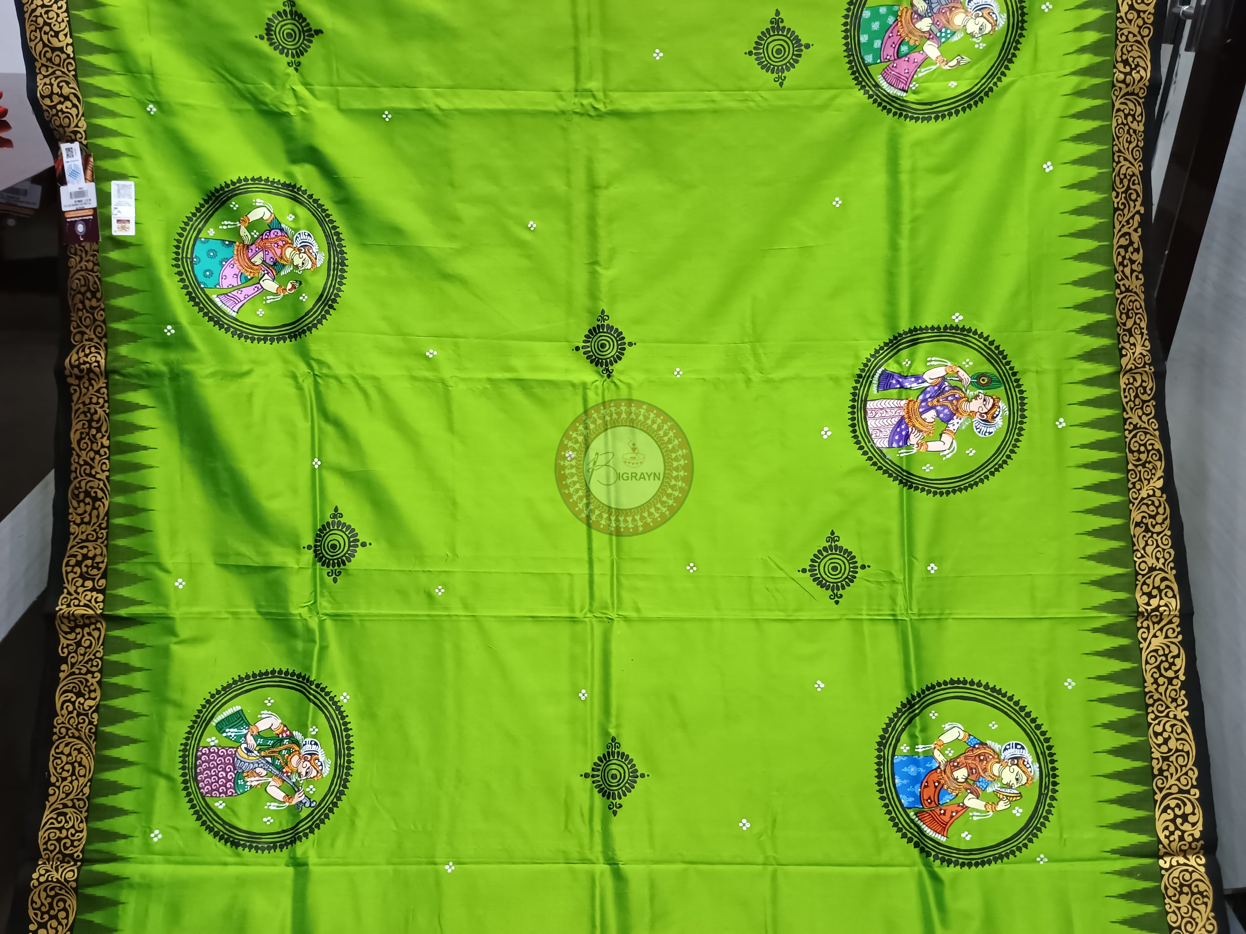 Parrot Green Black Sringara Theme Pattachitra Sambalpuri Silk Saree