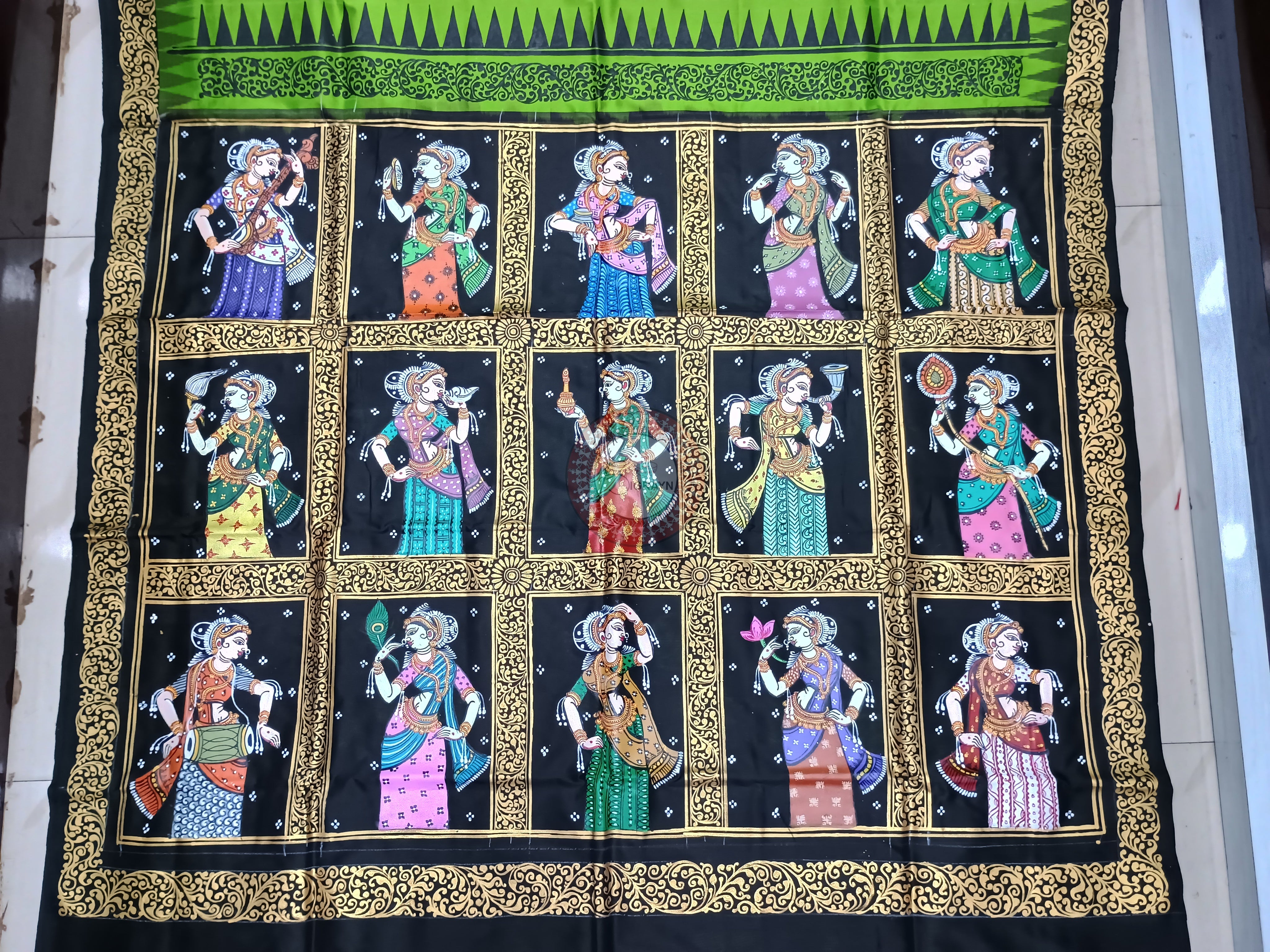 Parrot Green Black Sringara Theme Pattachitra Sambalpuri Silk Saree