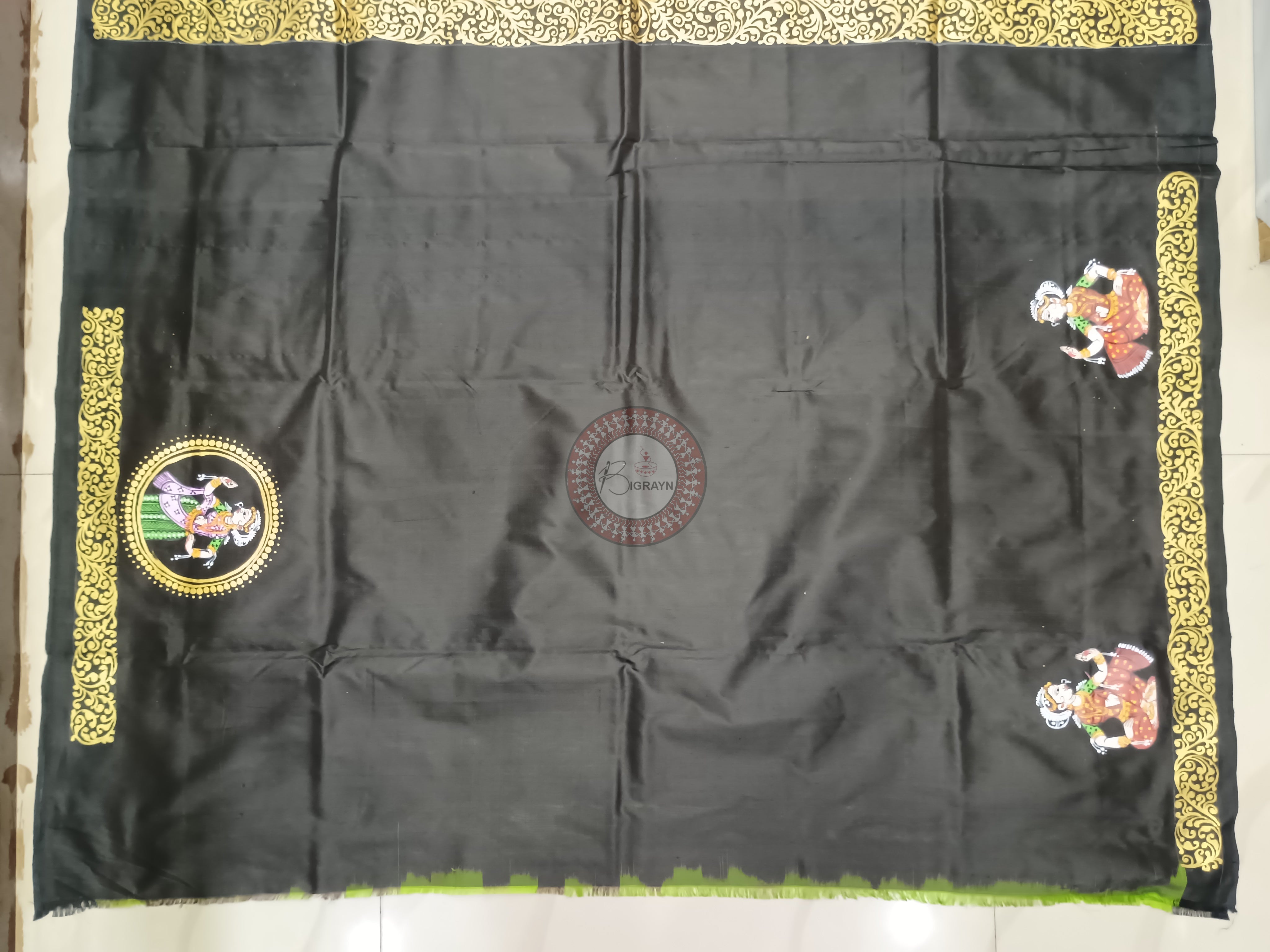 Parrot Green Black Sringara Theme Pattachitra Sambalpuri Silk Saree