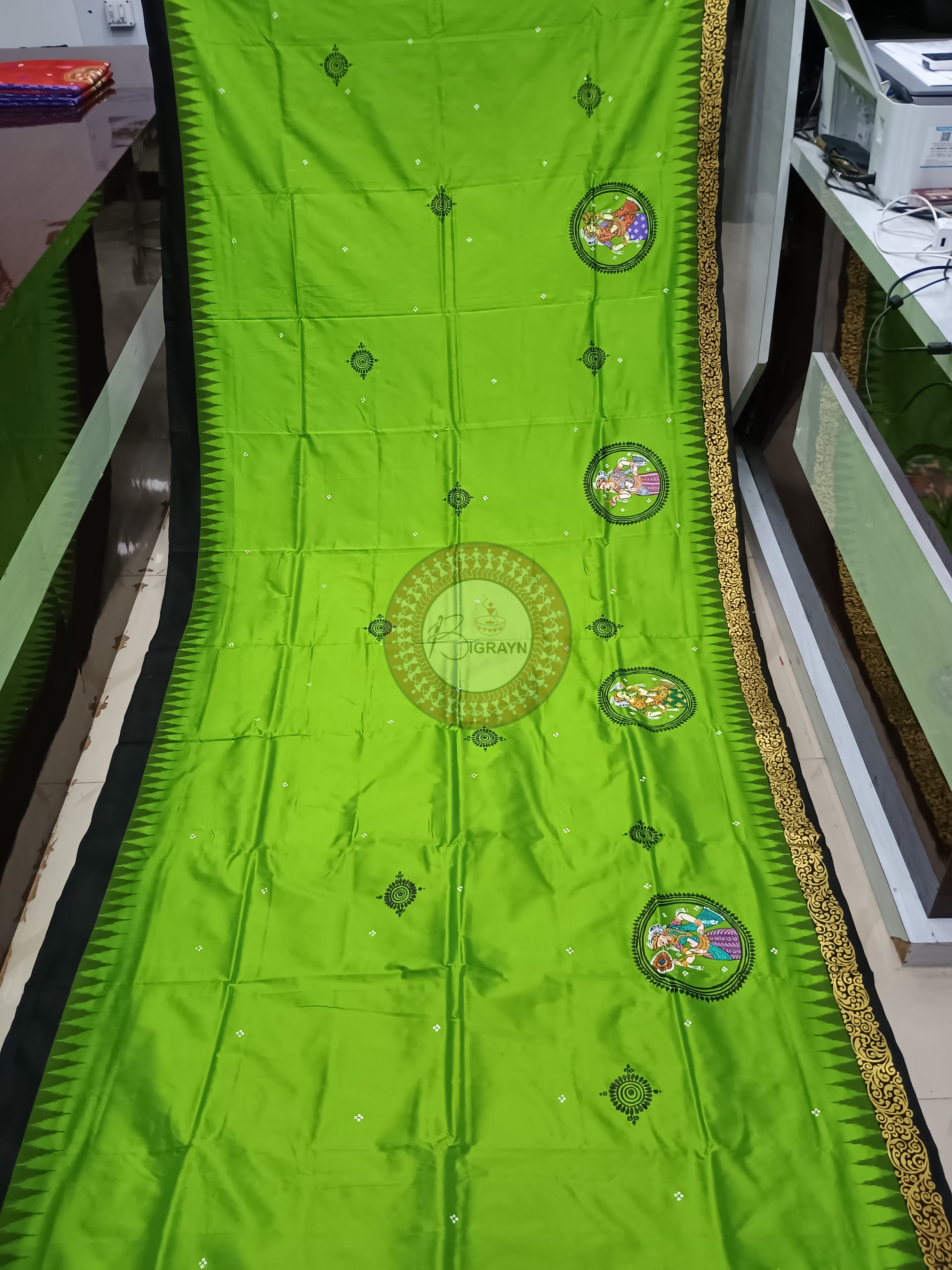 Parrot Green Black Sringara Theme Pattachitra Sambalpuri Silk Saree