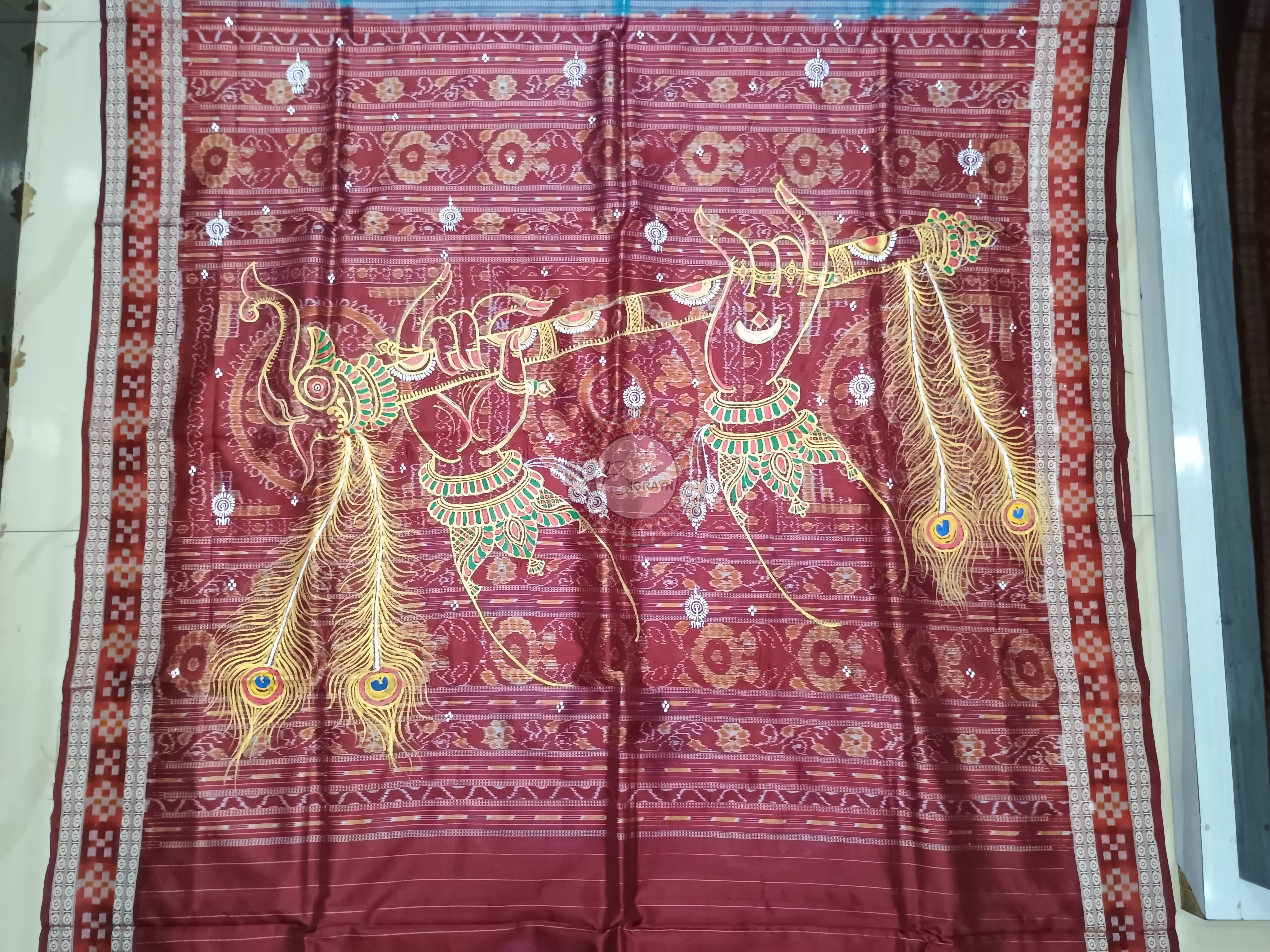 Copper Sulphate Maroon Adrushya Banshi Theme Pattachitra Sambalpuri Sakta Border Silk Saree