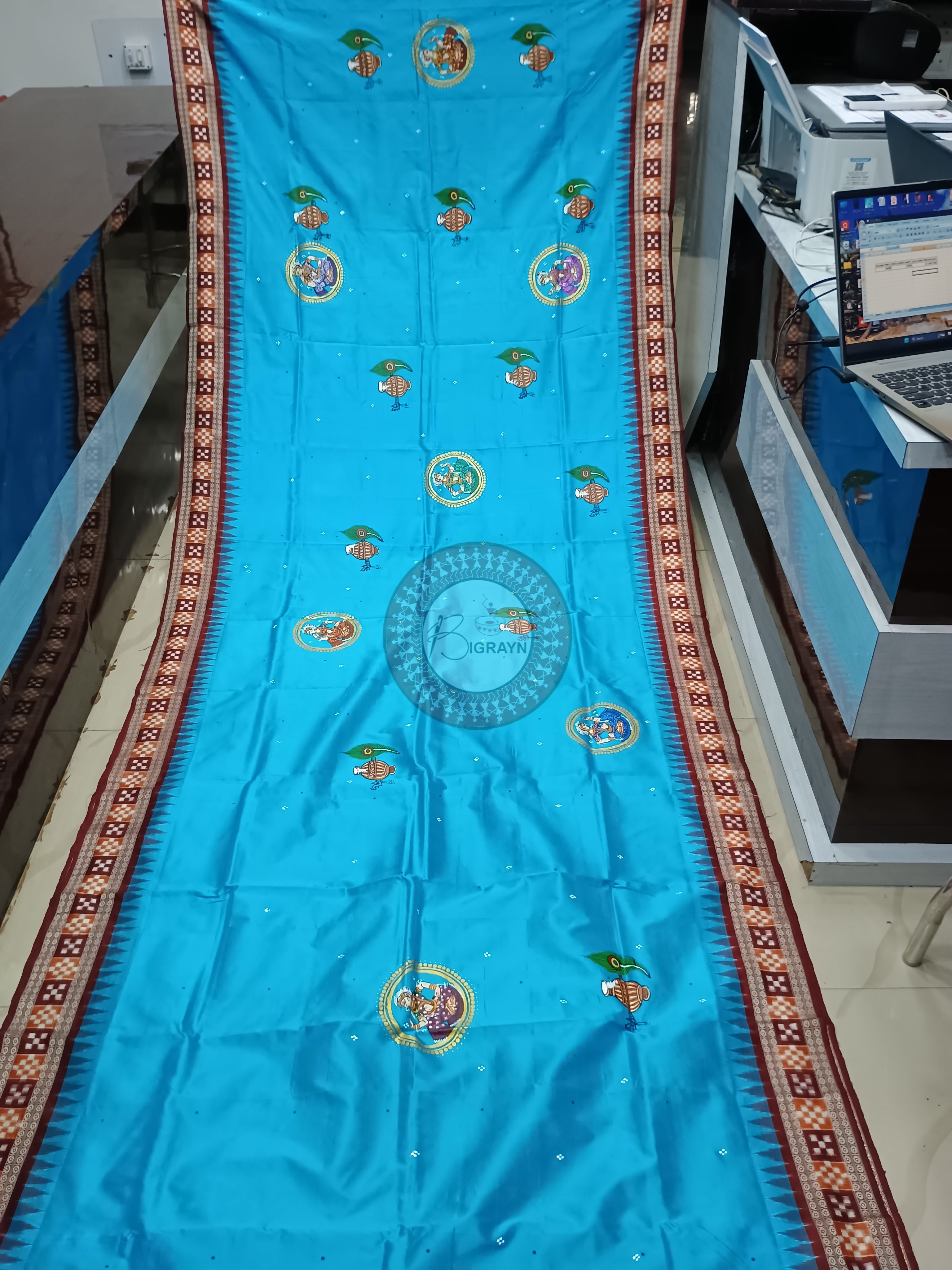 Copper Sulphate Maroon Adrushya Banshi Theme Pattachitra Sambalpuri Sakta Border Silk Saree