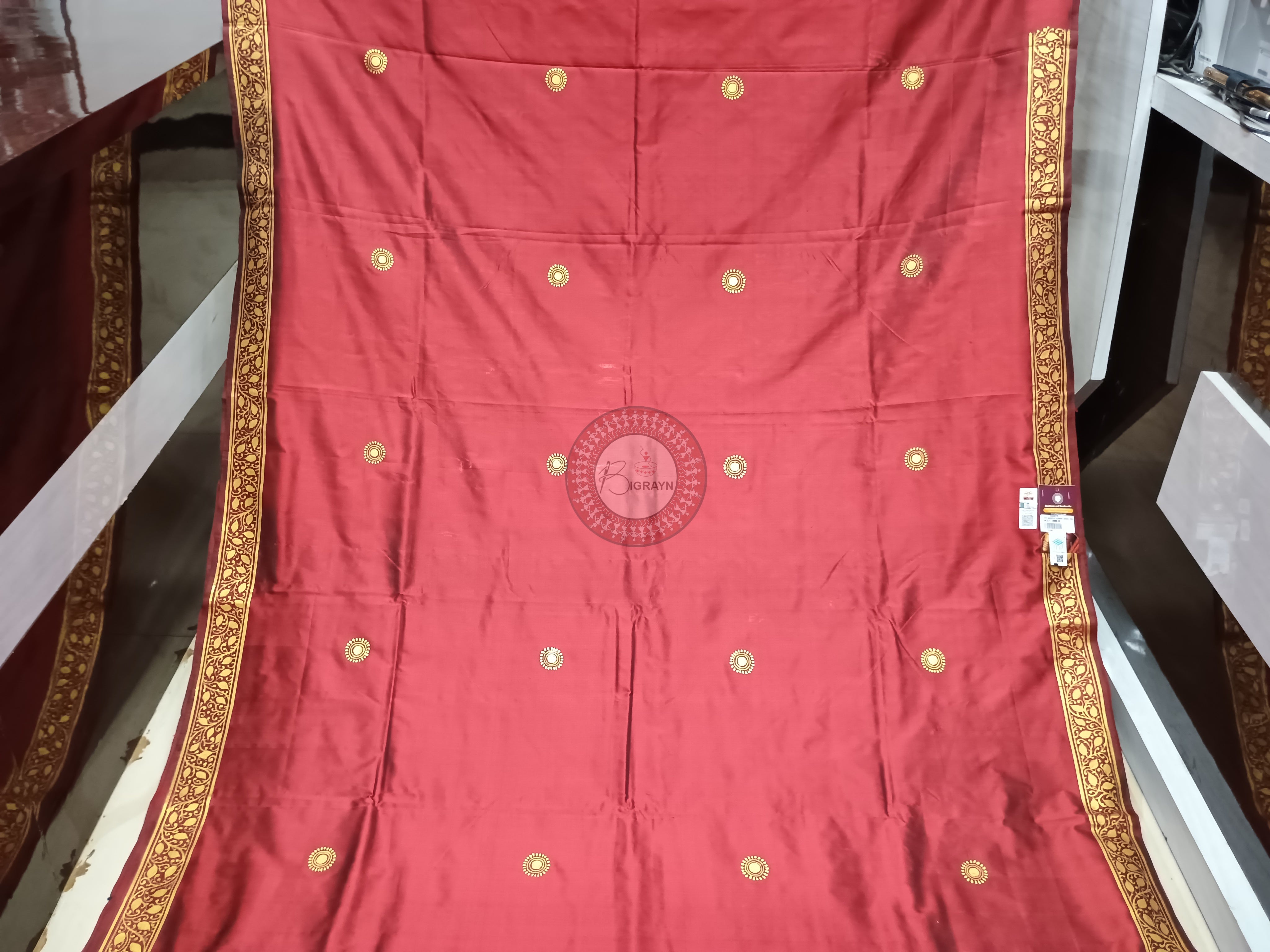 Maroon Konark Wheel Theme Pattachitra Sambalpuri Silk Saree