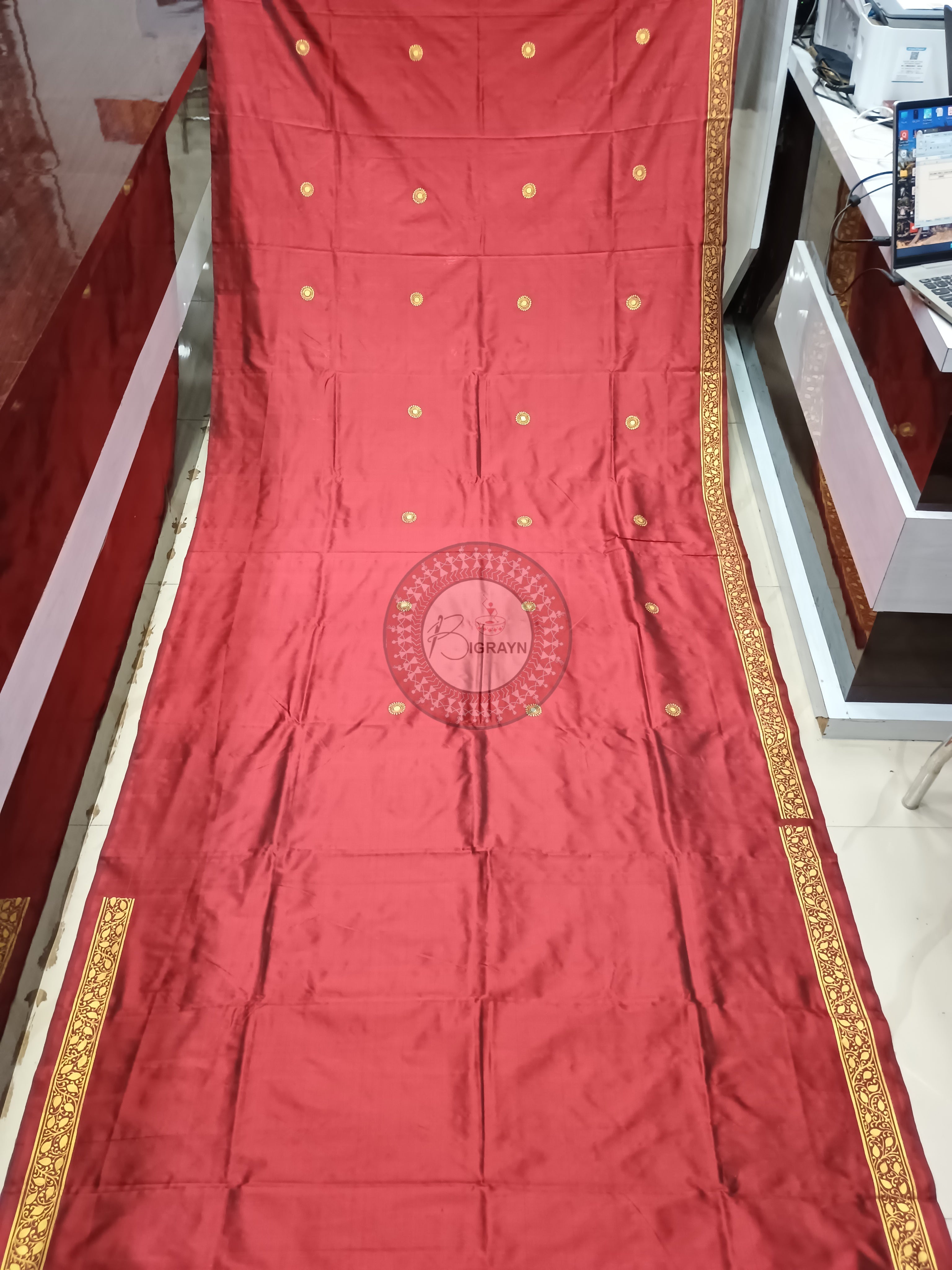 Maroon Konark Wheel Theme Pattachitra Sambalpuri Silk Saree