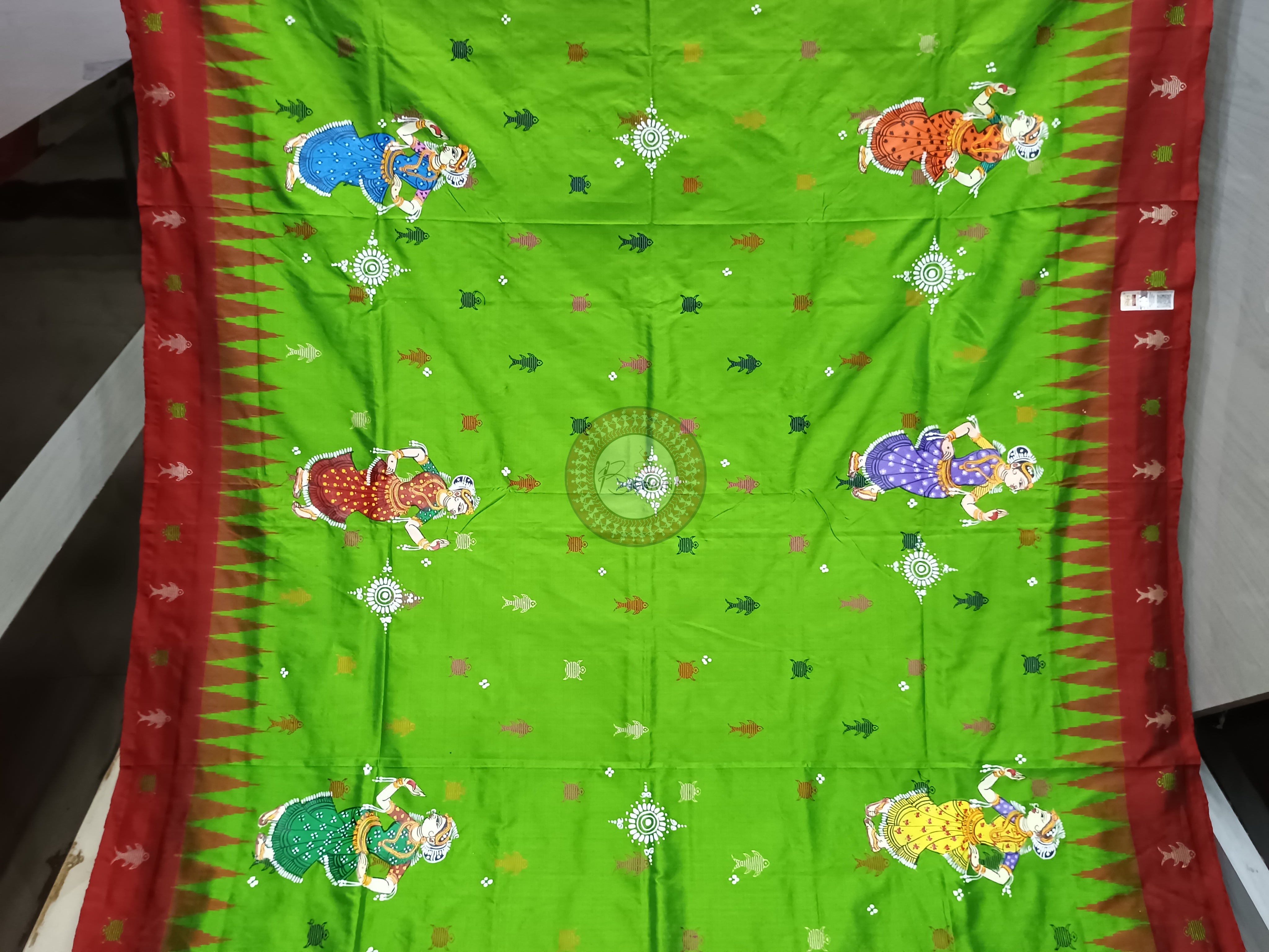 Green Red Mastya Kachhap With Dancer Theme Pattachitra Sambalpuri Silk Saree