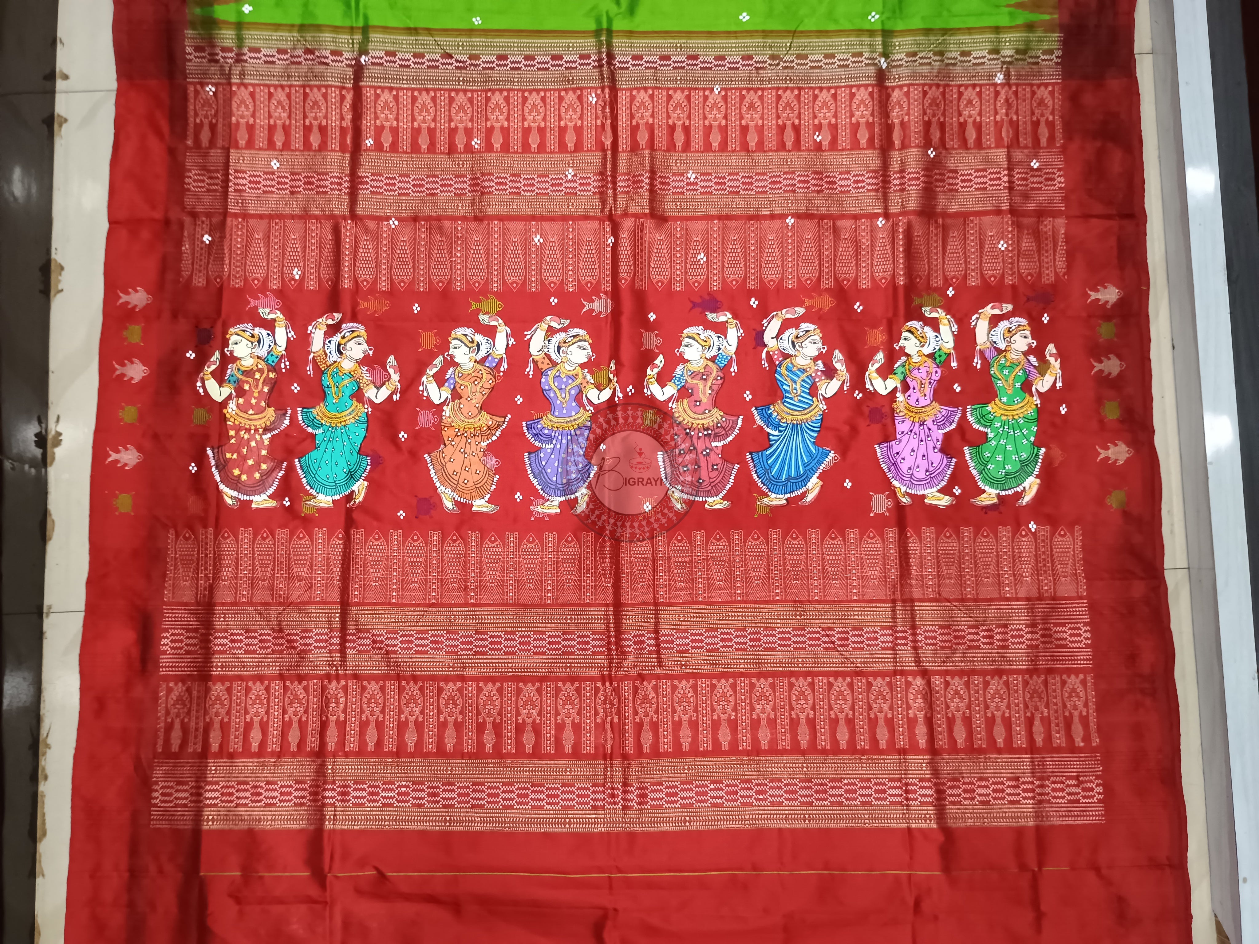 Green Red Mastya Kachhap With Dancer Theme Pattachitra Sambalpuri Silk Saree