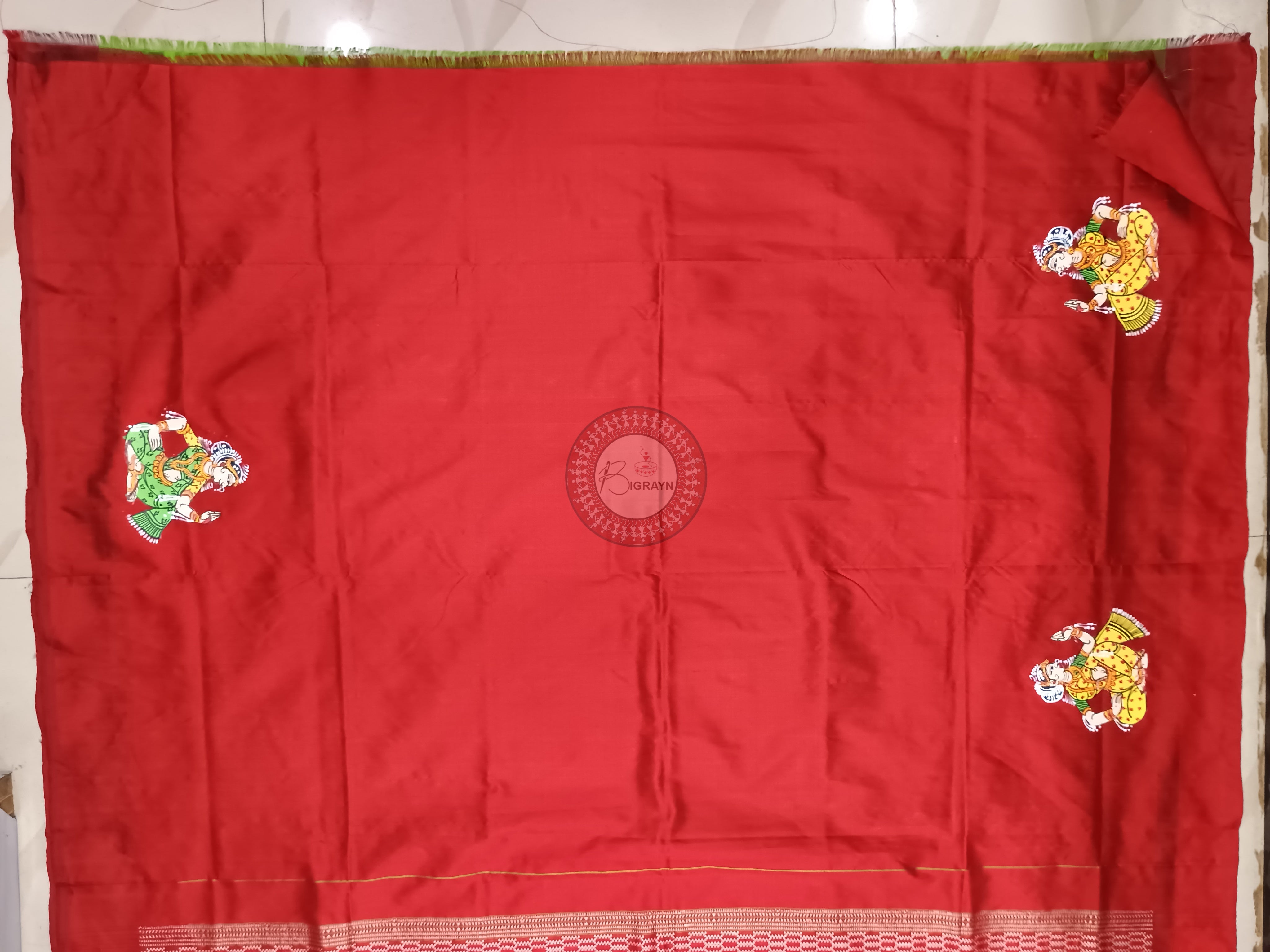 Green Red Mastya Kachhap With Dancer Theme Pattachitra Sambalpuri Silk Saree