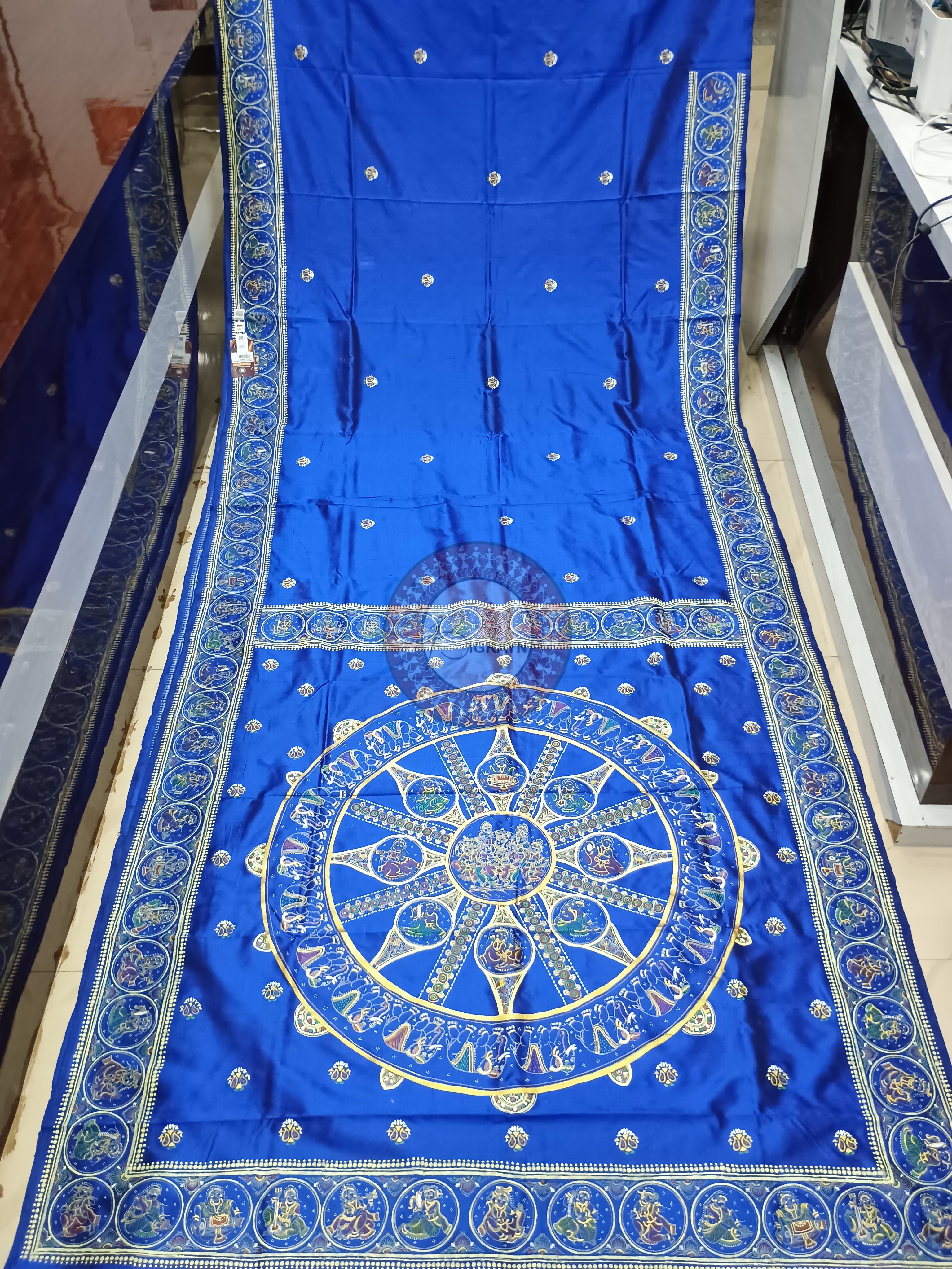 Blue Konark Wheel Theme Pattachitra Sambalpuri Silk Saree