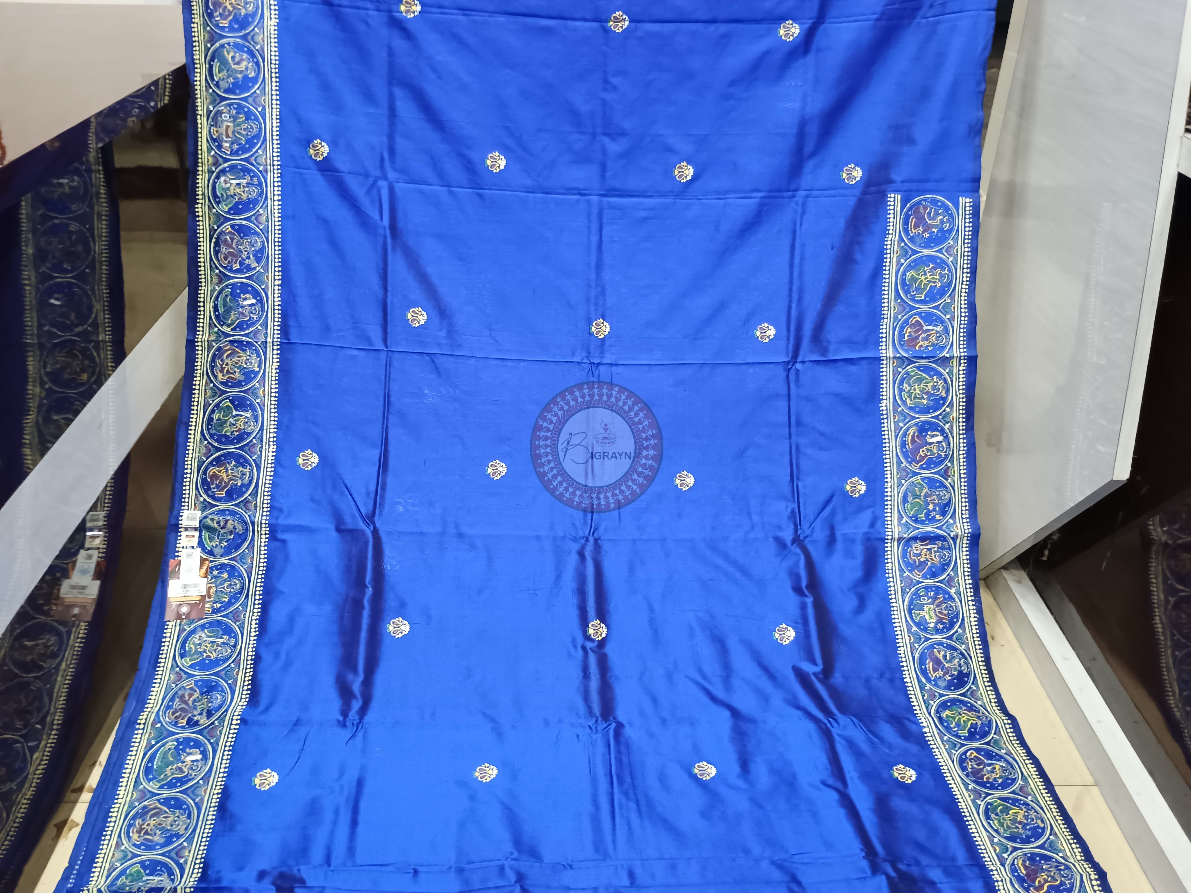 Blue Konark Wheel Theme Pattachitra Sambalpuri Silk Saree