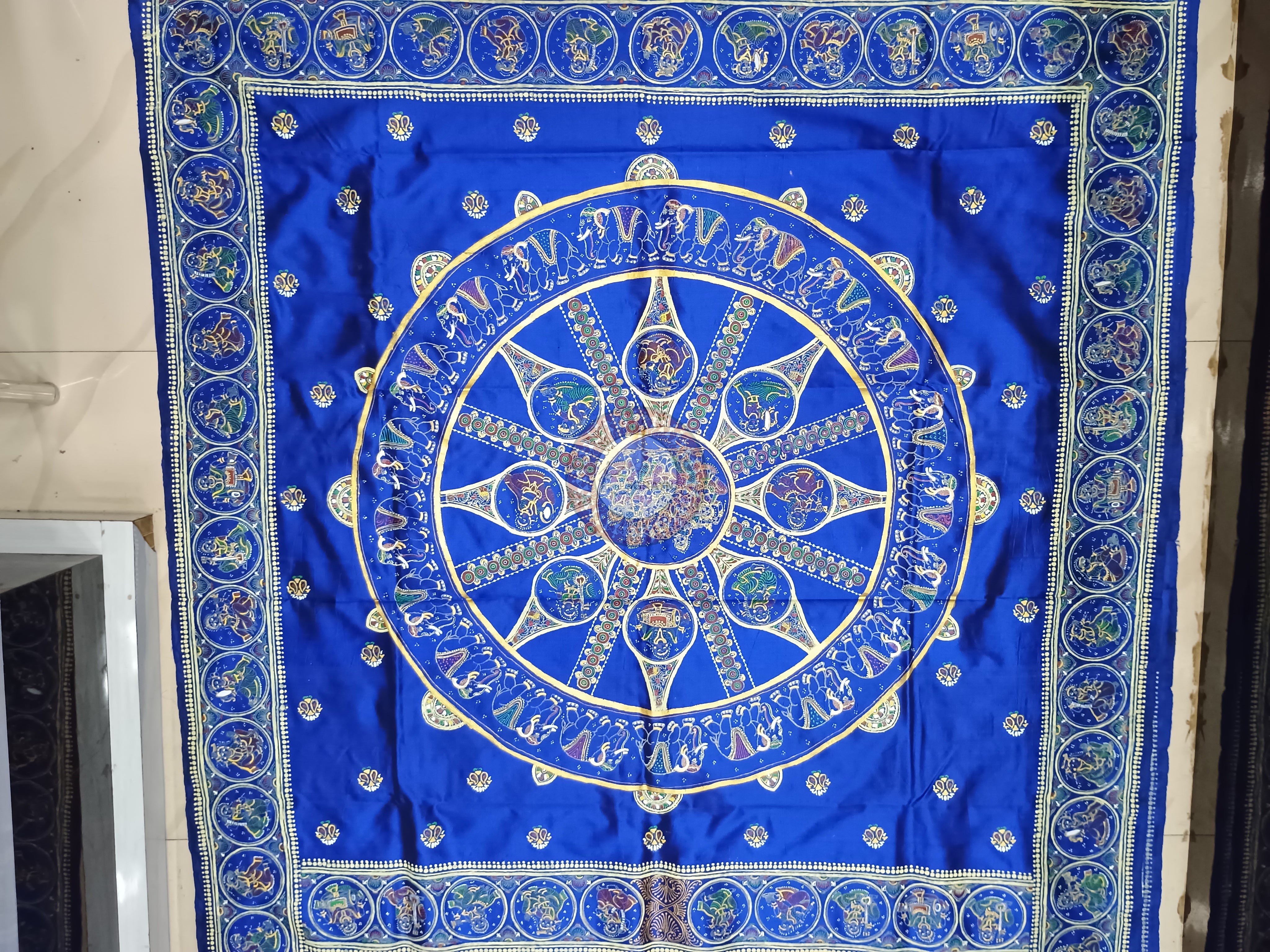 Blue Konark Wheel Theme Pattachitra Sambalpuri Silk Saree