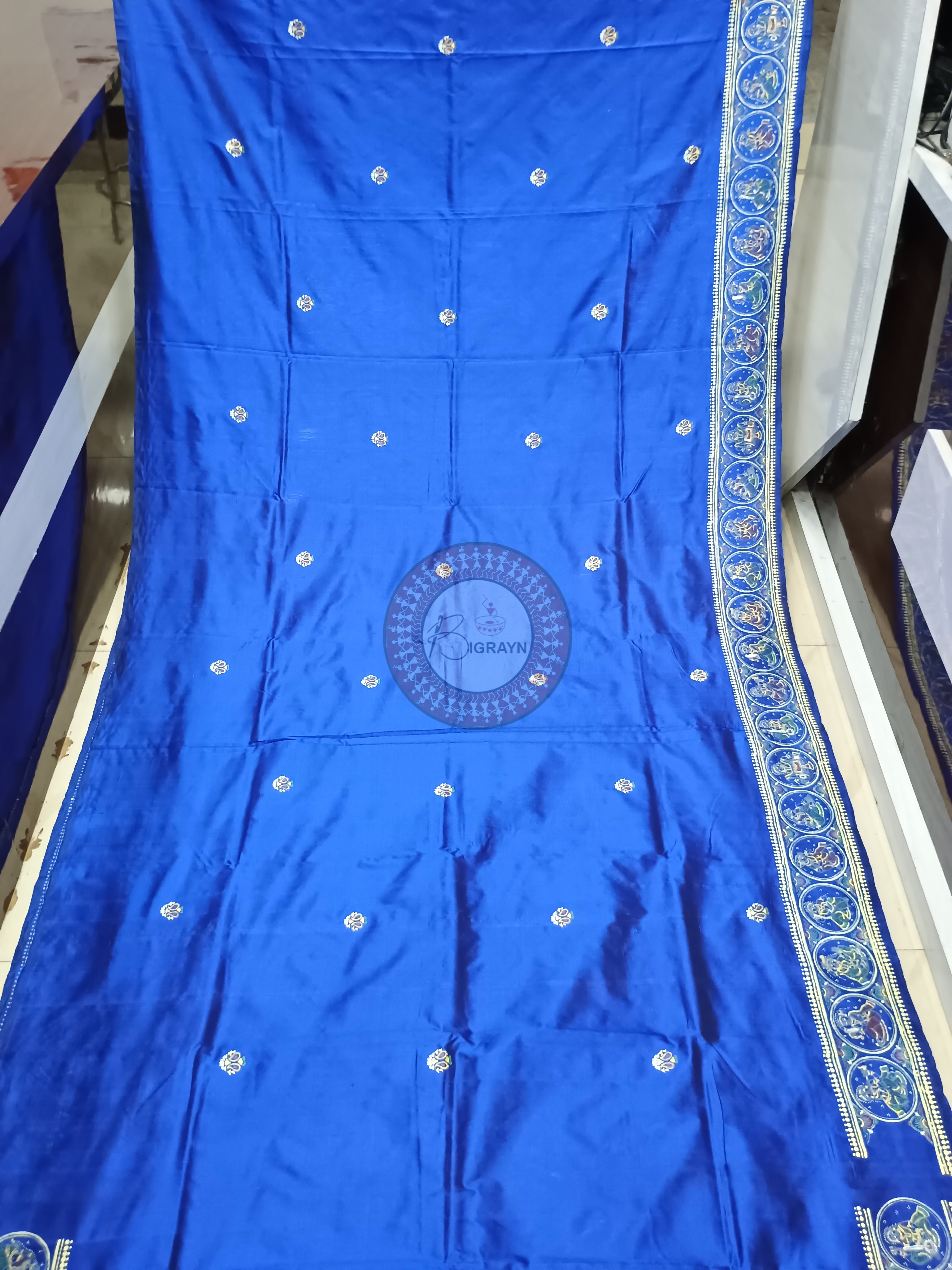 Blue Konark Wheel Theme Pattachitra Sambalpuri Silk Saree