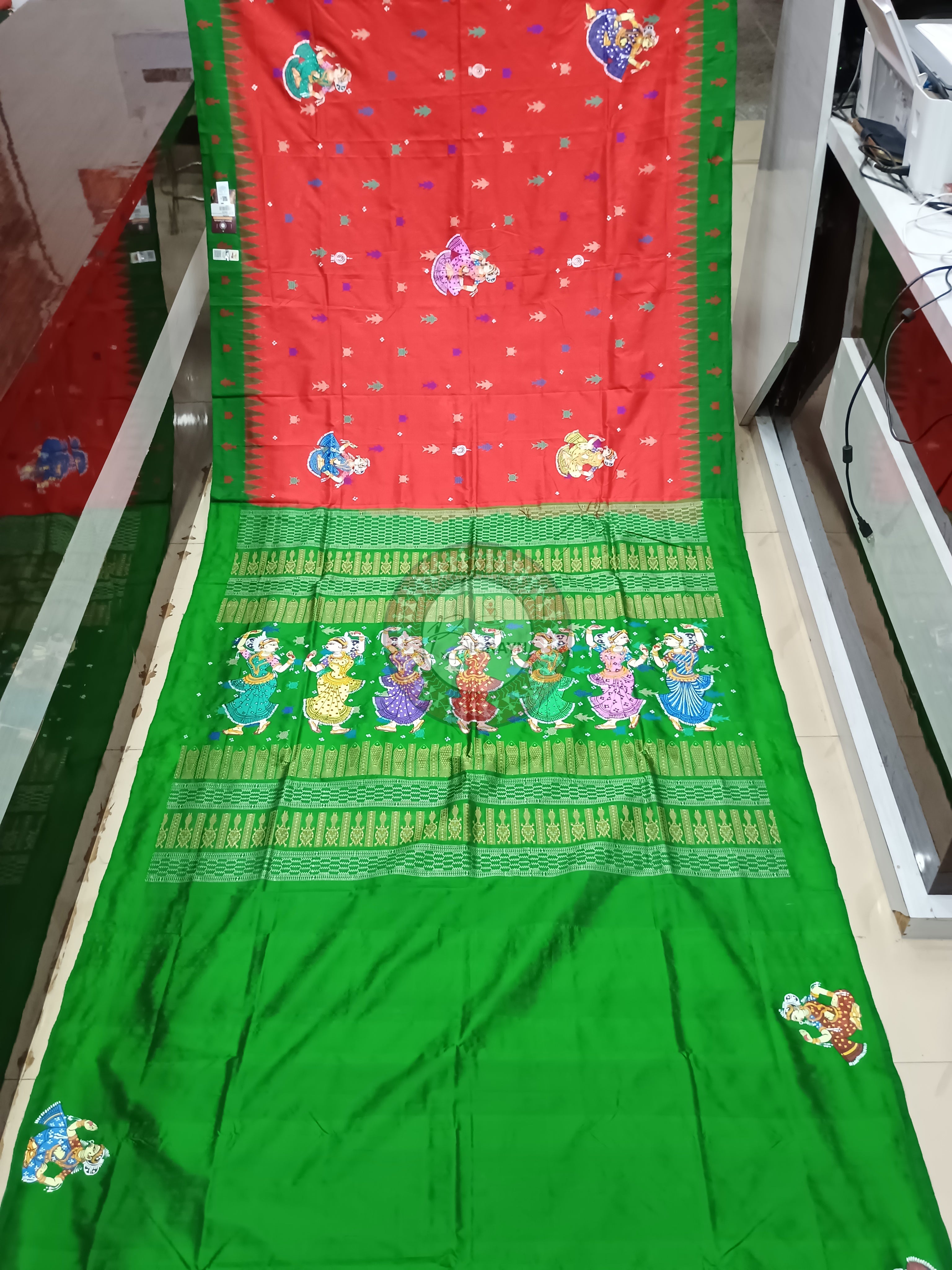 Red Green Mastya Kachhap With Dancer Theme Pattachitra Sambalpuri Silk Saree