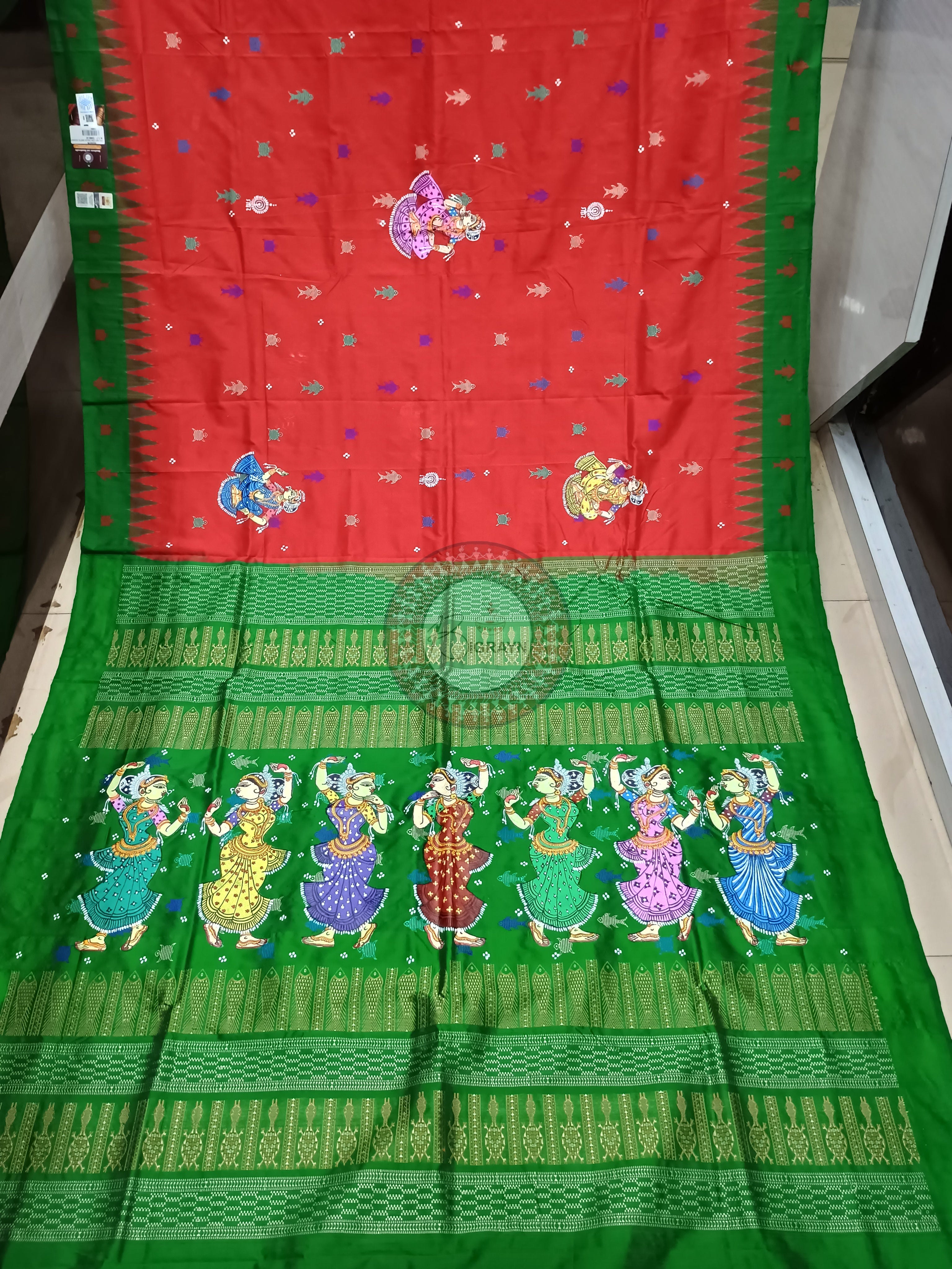 Red Green Mastya Kachhap With Dancer Theme Pattachitra Sambalpuri Silk Saree