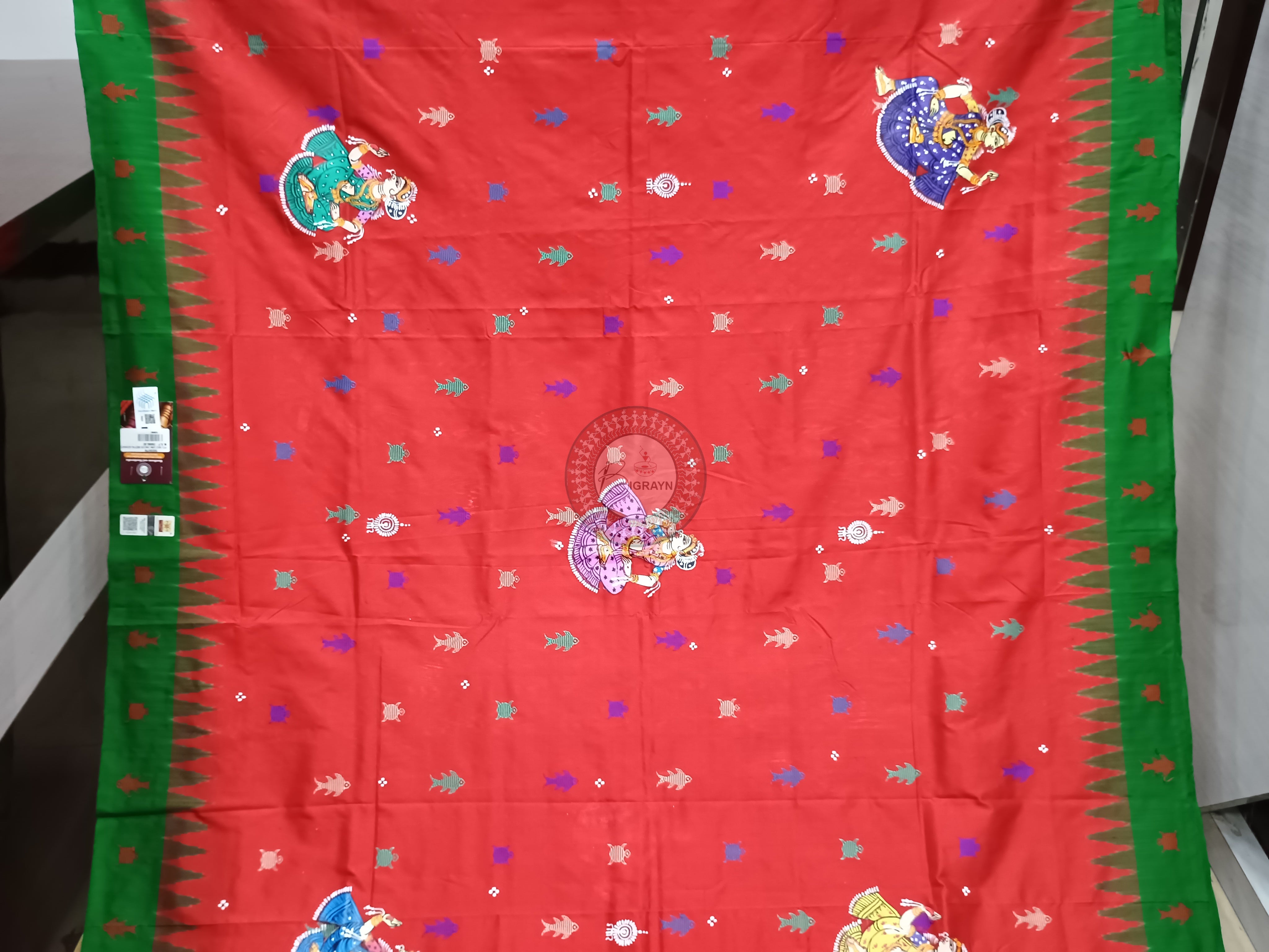 Red Green Mastya Kachhap With Dancer Theme Pattachitra Sambalpuri Silk Saree
