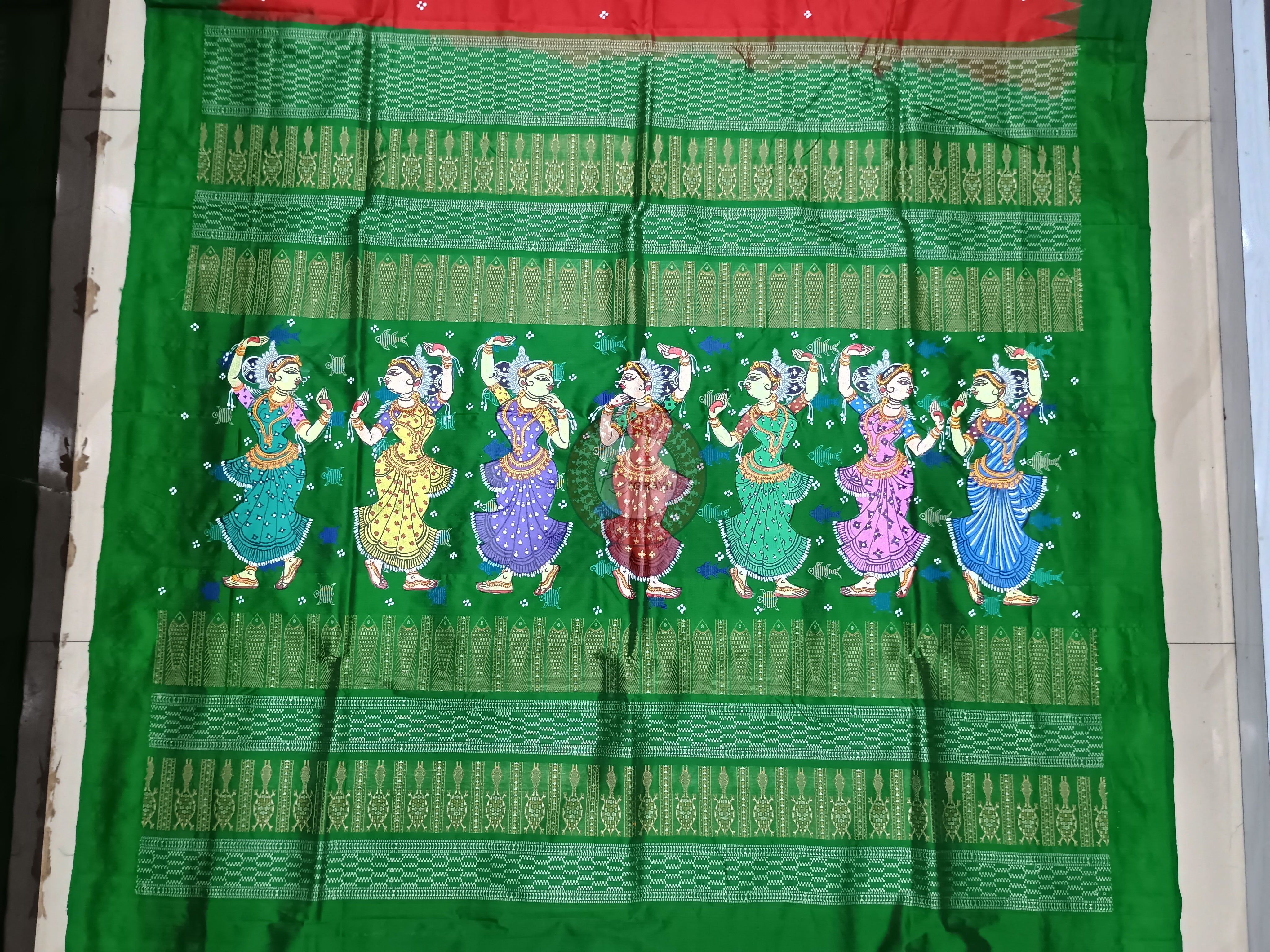 Red Green Mastya Kachhap With Dancer Theme Pattachitra Sambalpuri Silk Saree