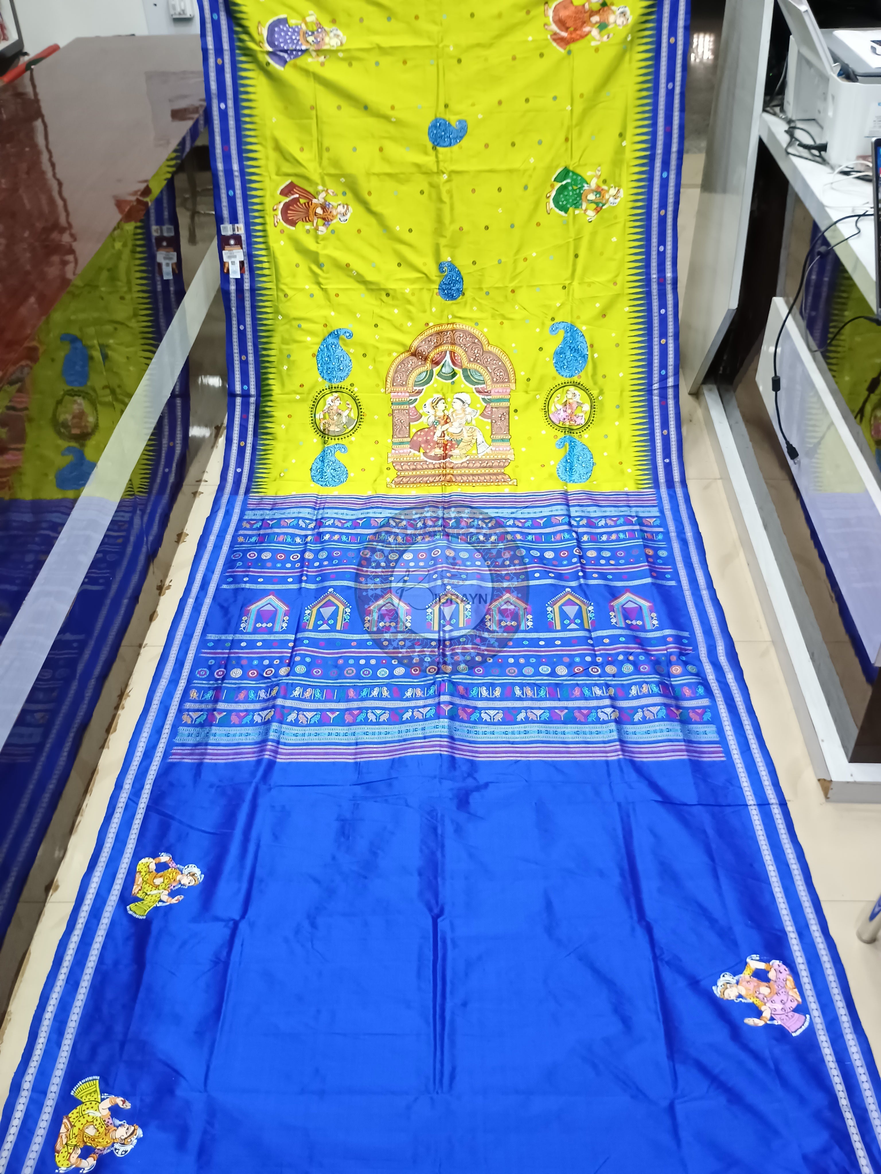 Neon Green Dolabedi With Dola Design Theme Pattachitra Sambalpuri Silk Saree