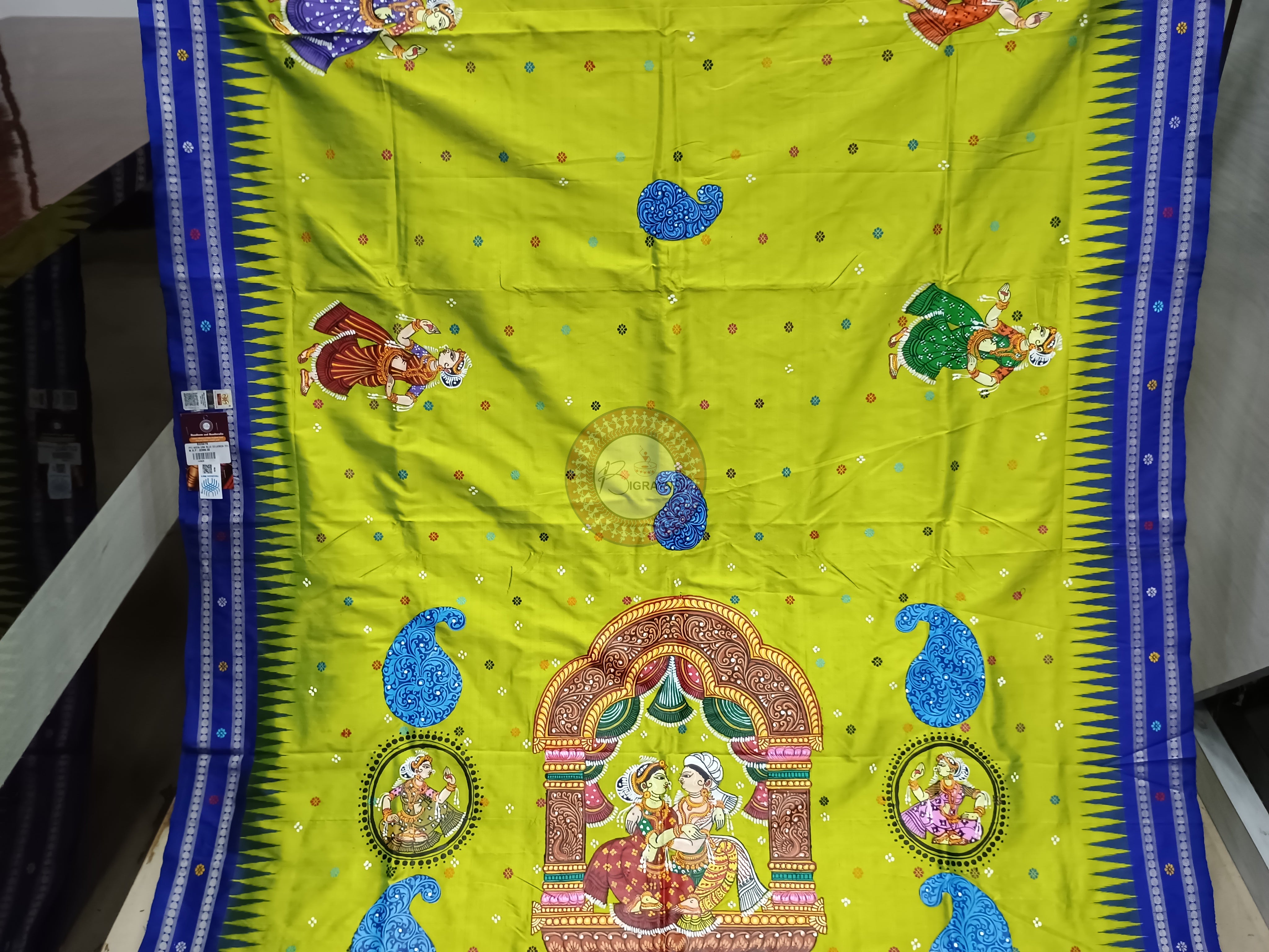 Neon Green Dolabedi With Dola Design Theme Pattachitra Sambalpuri Silk Saree
