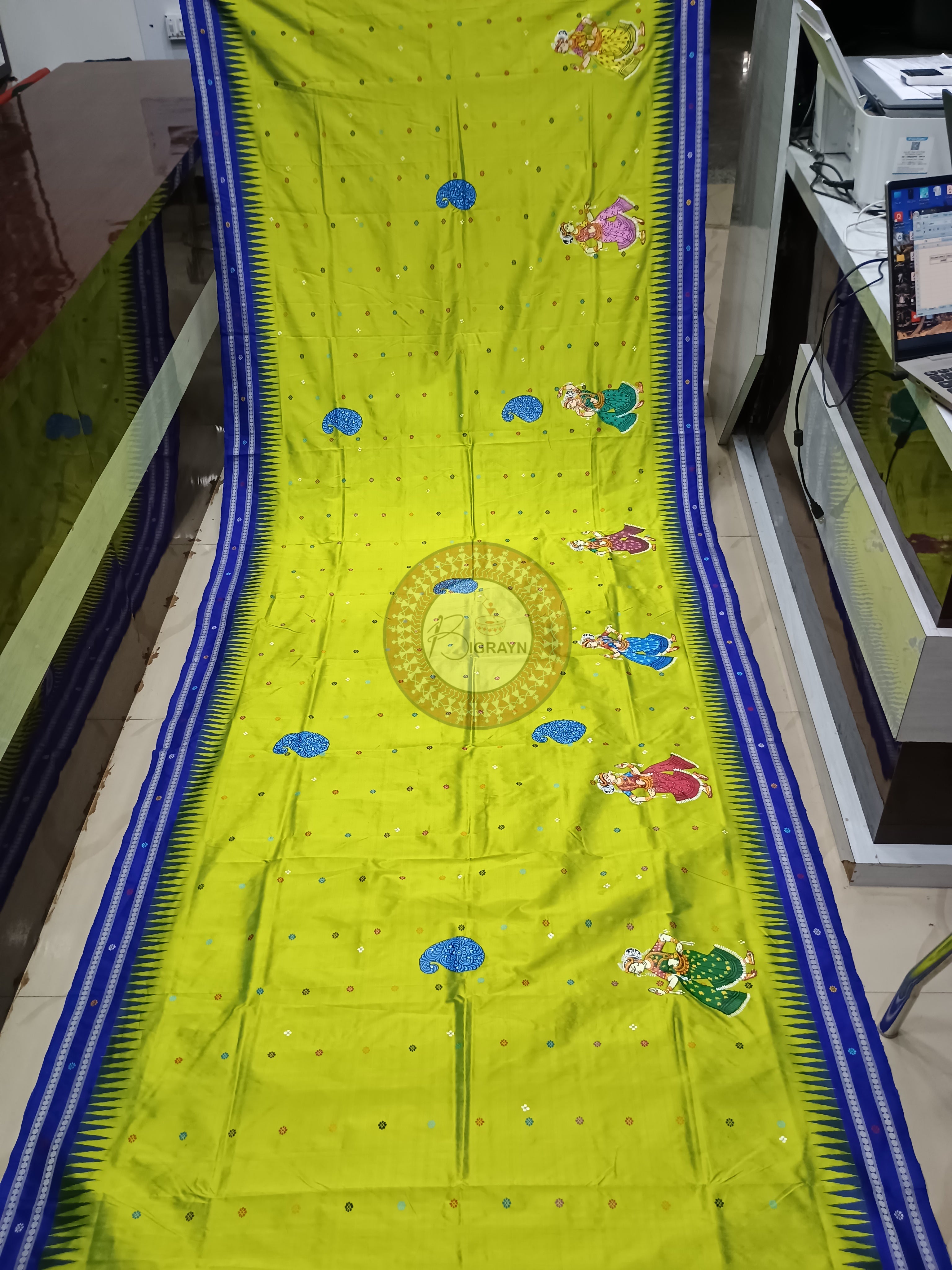 Neon Green Dolabedi With Dola Design Theme Pattachitra Sambalpuri Silk Saree